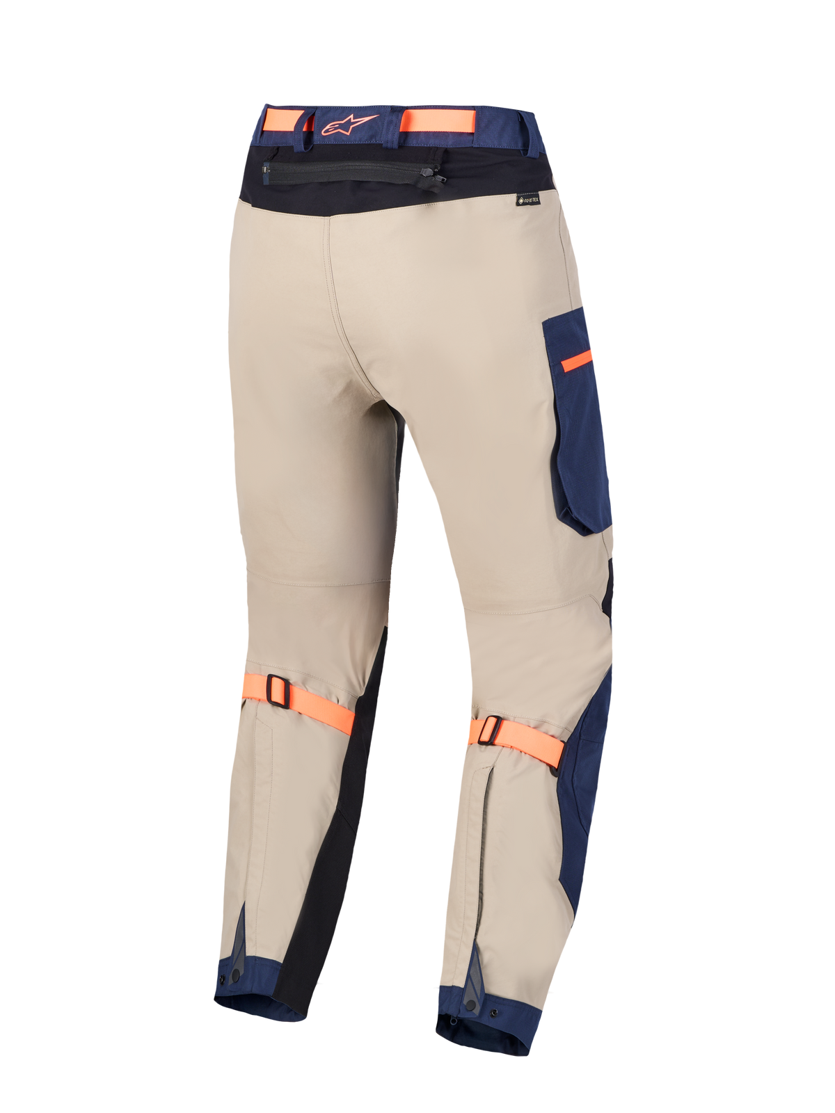 Alpinestars Arenis Gore-Tex Pants, All-Terrain Adventure Motorcycle Pants, Back View, Beige and Navy Blue with Orange Adjuster Straps, CE Certified AA Class