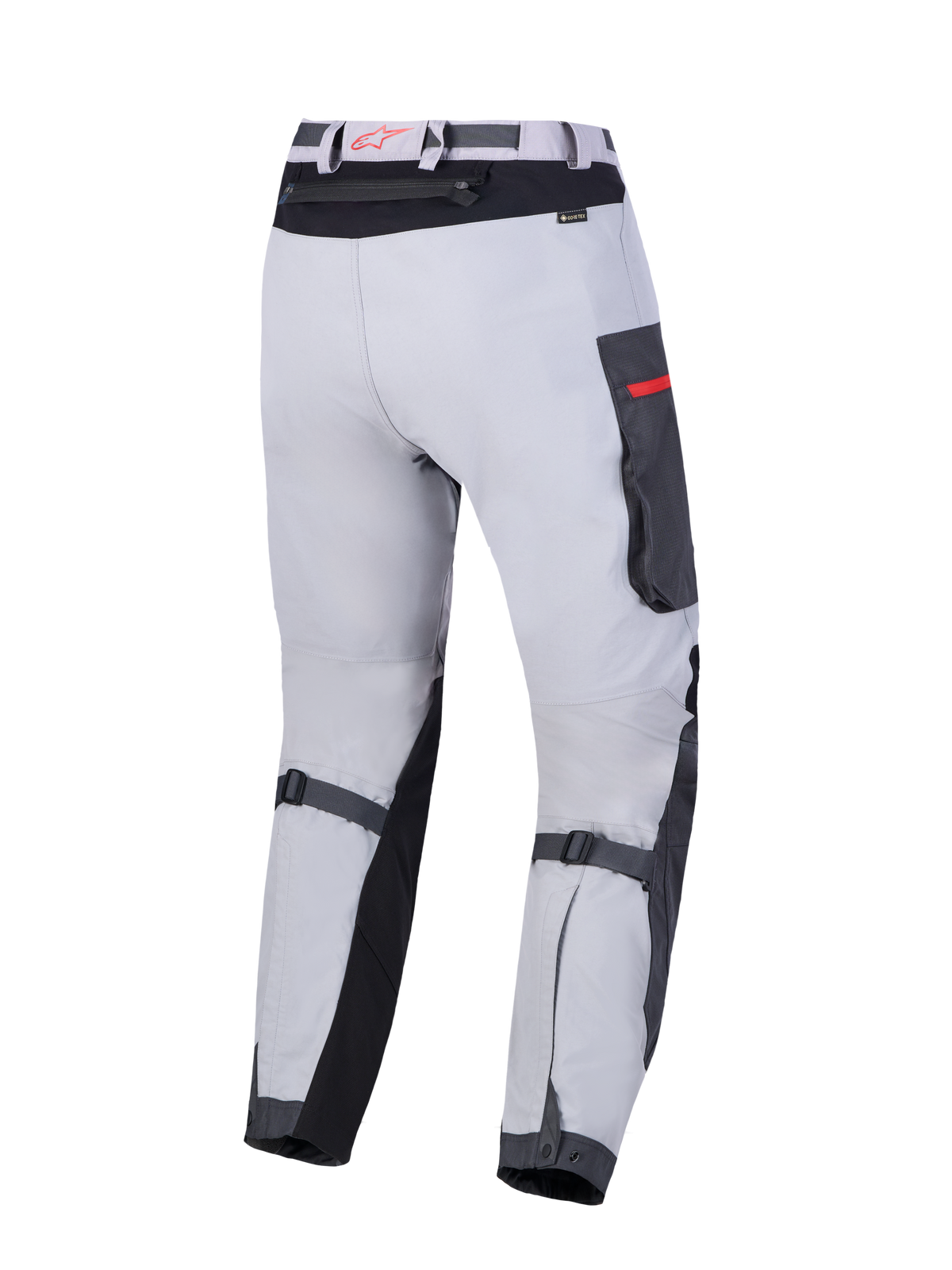 Alpinestars Arenis Gore-Tex Broek, avontuurlijke motortoertoerbroek, lichtgrijs, donkergrijs en zwart, met waterdichte 2L GORE-TEX gelamineerde schaal en CE-gecertificeerde bescherming, achteraanzicht