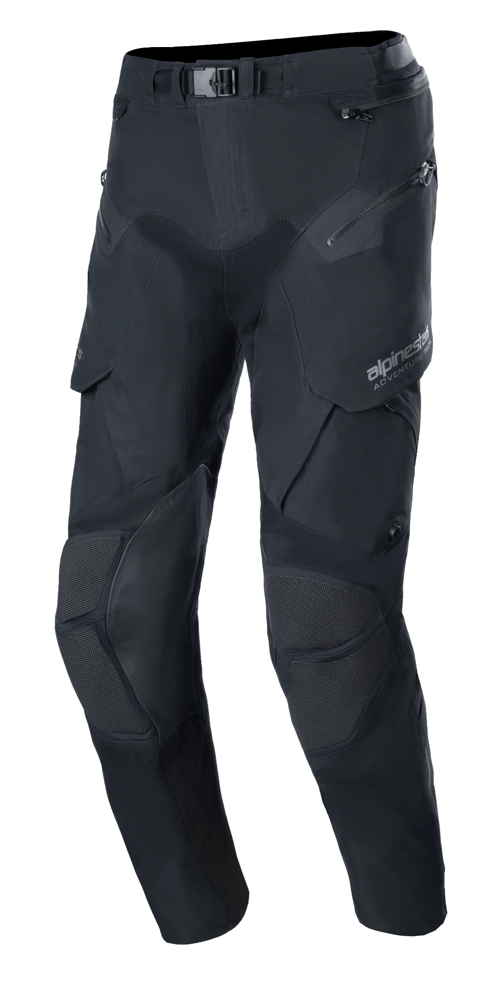 Alpinestars Boulder 3L GORE-TEX broek, adventure motorbroek, zwart, technisch textielontwerp met magnetische gespsluiting in de taille, versterkte kniepanelen met getextureerde inzetstukken, meerdere rits- en cargozakken, voorgevormde ergonomische pasvorm