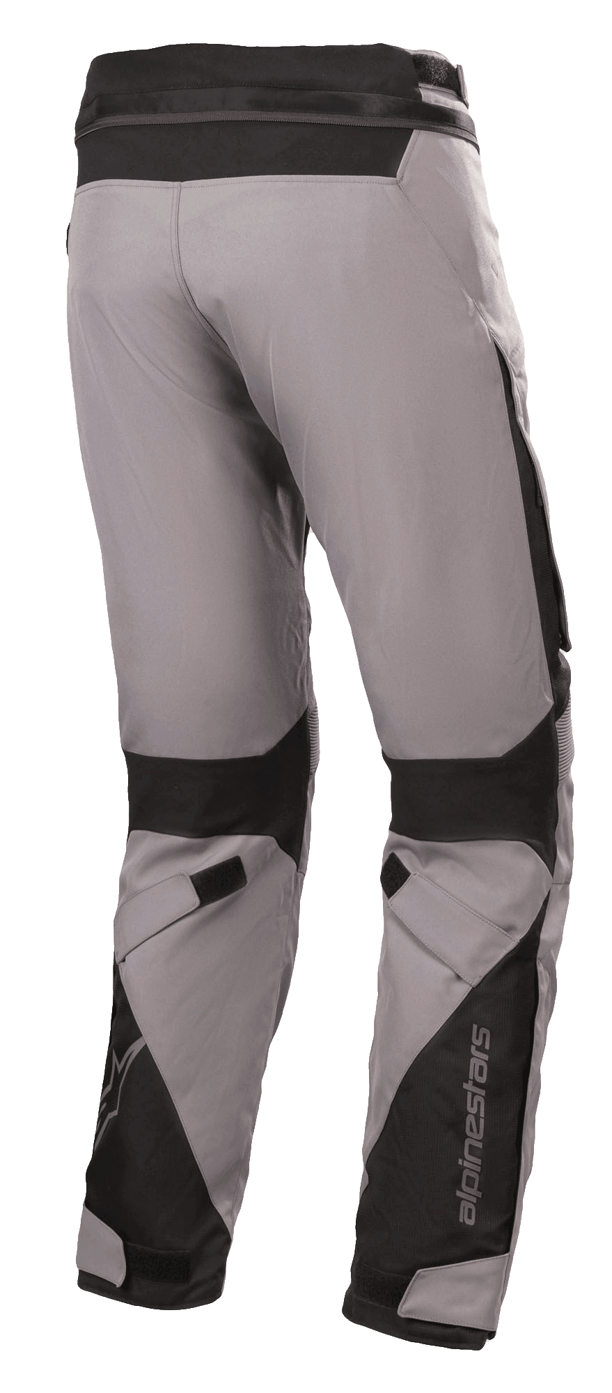 Alpinestars Road Pro GORE-TEX broek, motor tourbroek, donkergrijs en zwart, achteraanzicht met technische textielconstructie, zwarte ballistische nylon versterkingen, verstelbare banden bij de knieën en enkels, en Alpinestars-branding