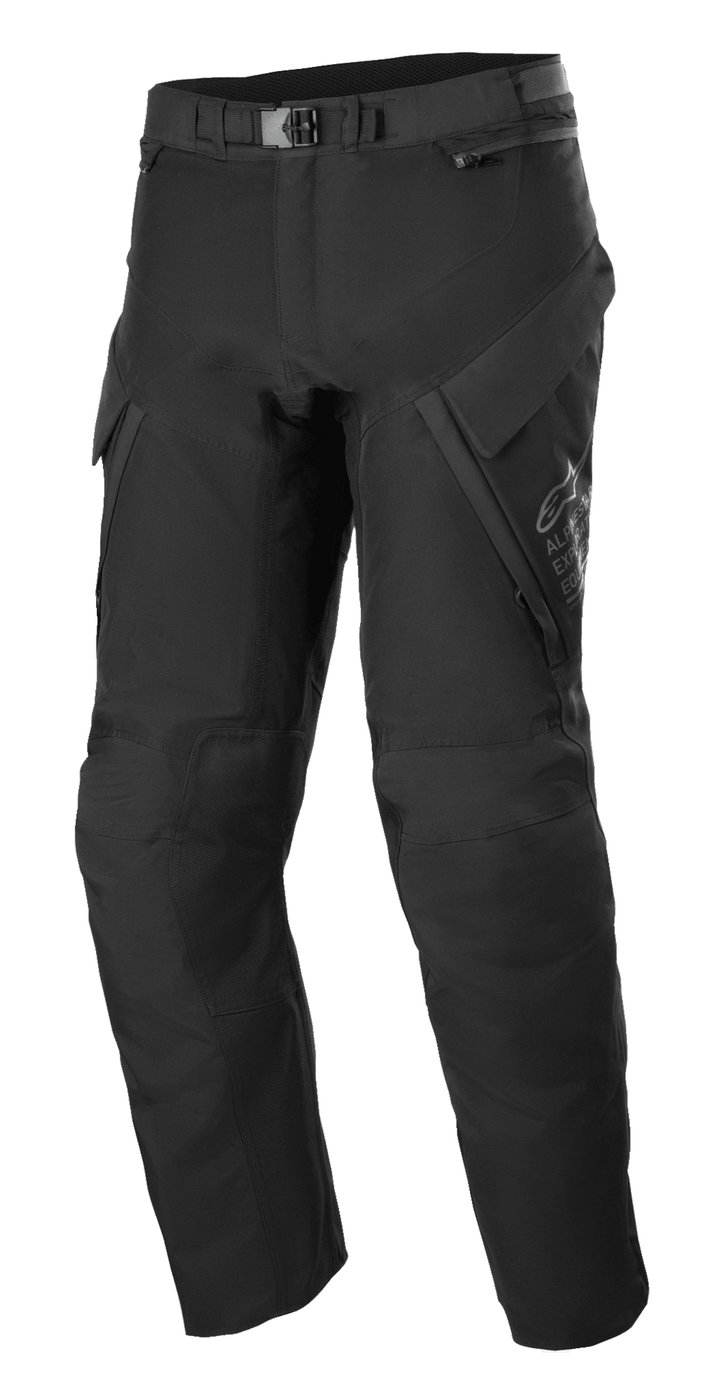 Alpinestars ST-7 2L GORE-TEX broek, adventure touring broek, zwart en donkergrijs, met grote cargozakken, magnetische gespsluiting in de taille, verstevigde kniezones en technische textielconstructie voor bescherming in alle weersomstandigheden