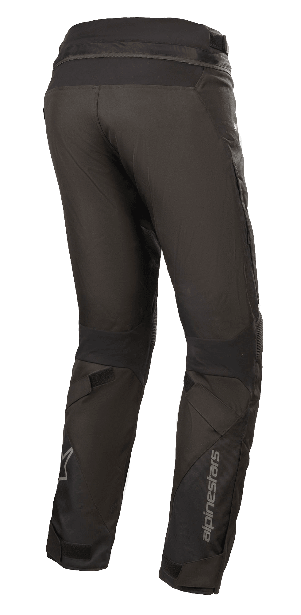 Alpinestars Stella Road Pro GORE-TEX dames motorbroek, zwart, driekwart-achteraanzicht, technische textiele motorbroek met reflecterende Alpinestars-branding op het onderbeen, voorzien van een toelopende pasvorm, klittenbandverstellers op de benen en een tailleverbindingsrits voor adventure touring.