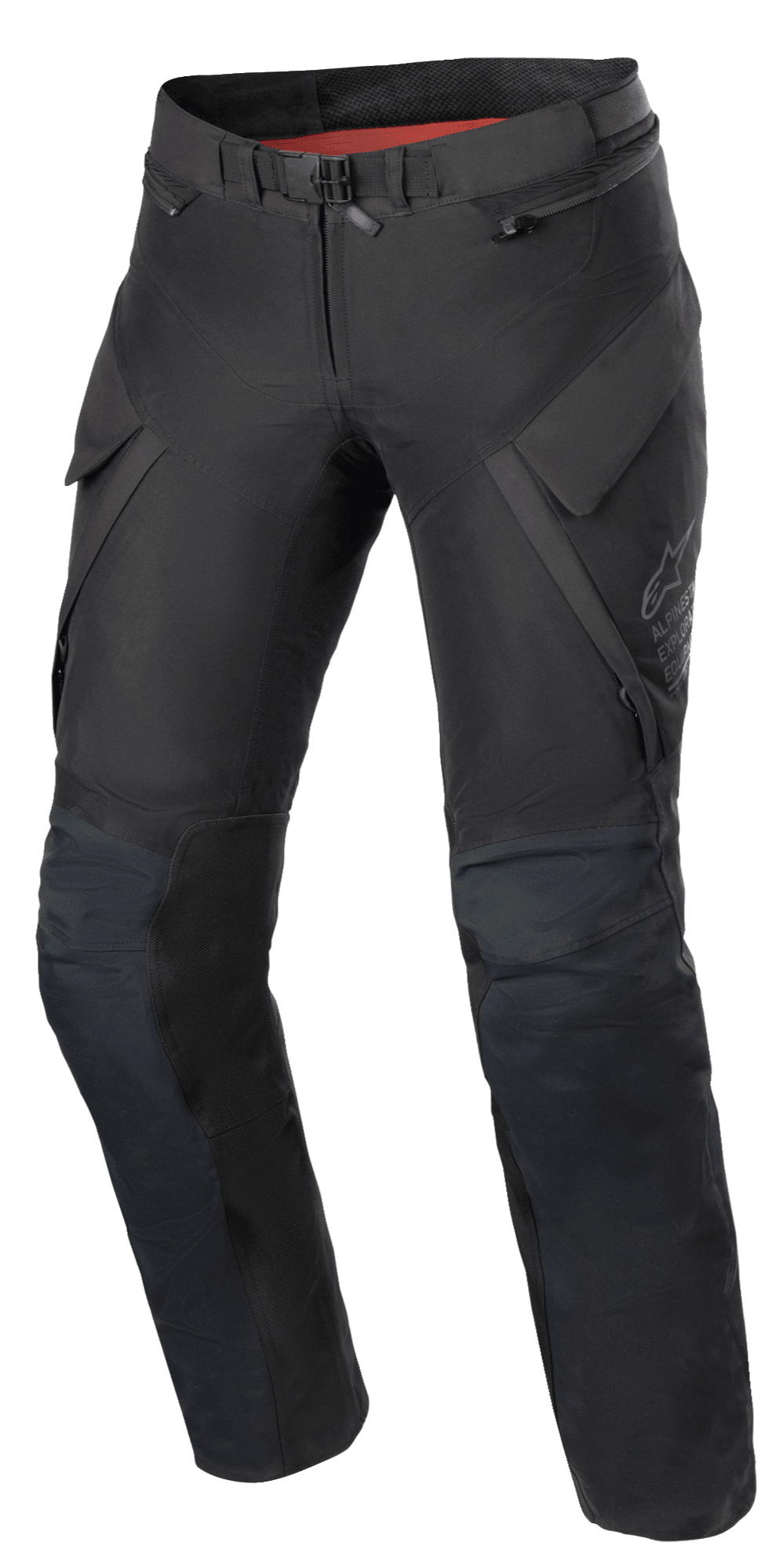 Alpinestars Stella ST-7 2L GORE-TEX dames motorbroek, adventure touring broek, zwart en donkergrijs, vooraanzicht met cargozakken, magnetische gespsluiting, voorgevormde knieën en subtiel Alpinestars-logo op de dij