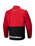 Alpinestars Pro-Dura Jacket, Off-Road Enduro Jacket, Black Bright Red White, back view, featuring a red upper body and sleeves with a black lower panel, white Alpinestars logo across the bottom hem, and durable ripstop textile construction for aggressive trail riding.