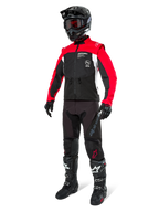 Alpinestars Pro-Dura Jacket, Off-Road Motorcycle Jacket, Black Bright Red and White, worn with complete racing gear including black helmet with red goggles, black pants, and black and white boots, durable textile outfit for enduro and trail riding