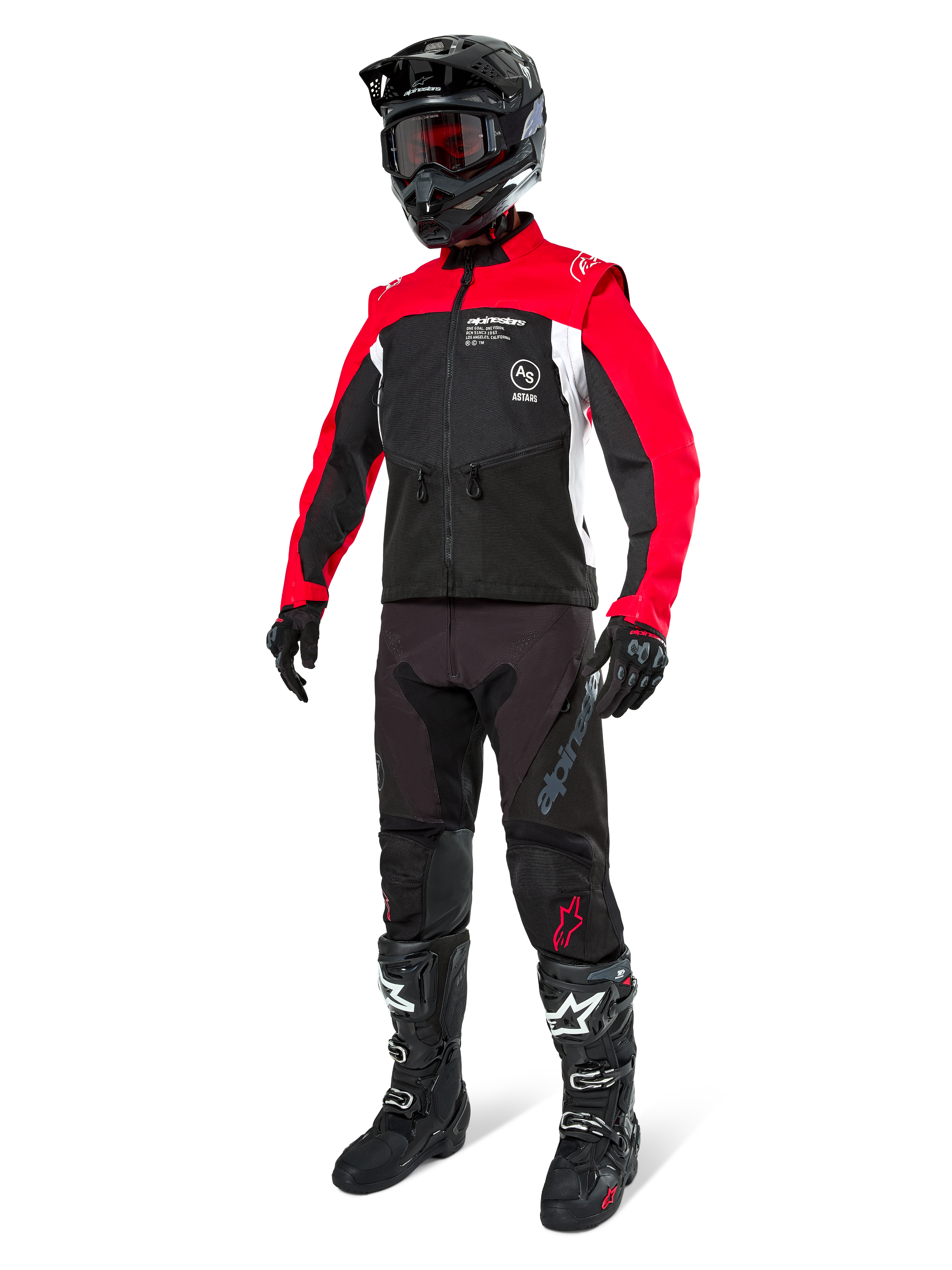 Alpinestars Pro-Dura Jacket, Off-Road Motorcycle Jacket, Black Bright Red and White, worn with complete racing gear including black helmet with red goggles, black pants, and black and white boots, durable textile outfit for enduro and trail riding