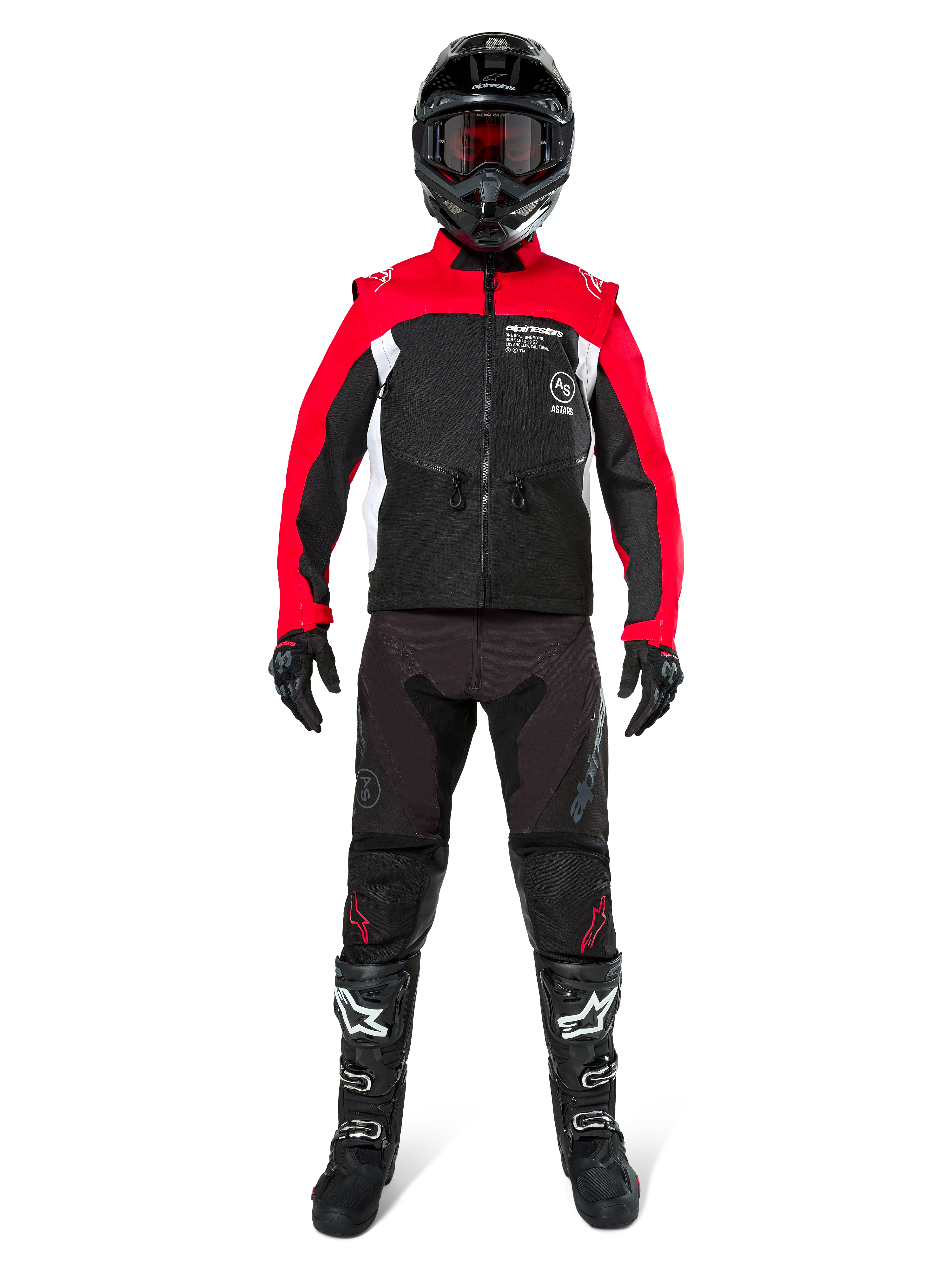 Motocross rider wearing complete off-road gear, Alpinestars Pro-Dura Jacket in Black, Bright Red, and White, black pants with red accents, black helmet with red goggles, black and white boots, coordinated outfit for enduro and trail riding