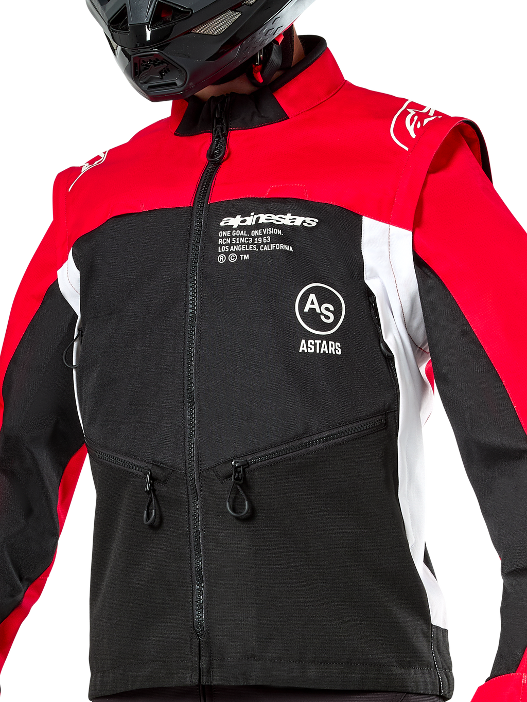 Alpinestars Pro-Dura Jacket, Off-Road Motorcycle Jacket, Black Bright Red and White, worn with a black helmet, featuring zippered pockets and bold branding on the chest, durable textile construction for enduro and trail riding