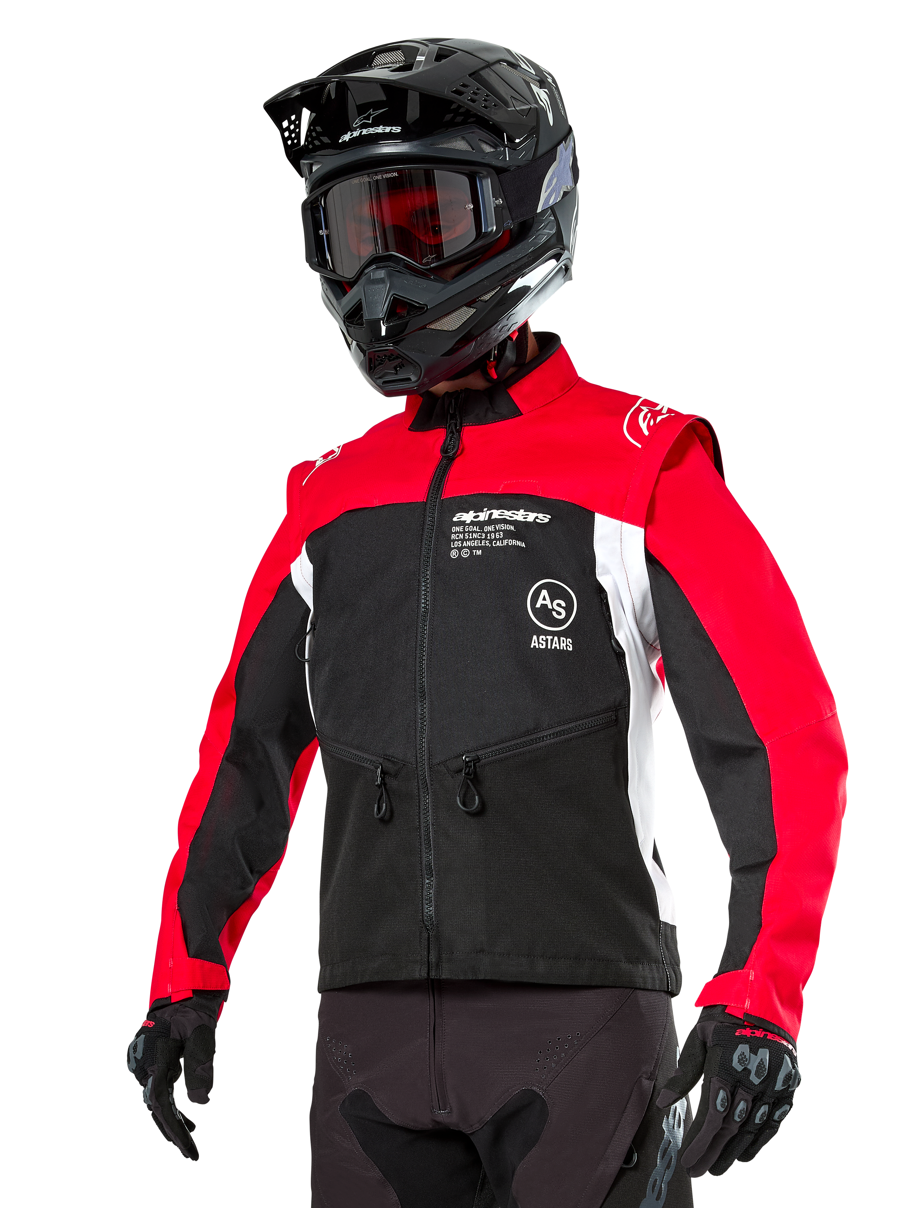 Alpinestars Pro-Dura Jacket, Off-Road Enduro Motorcycle Jacket, Black with Bright Red and White color blocking, worn by a rider with a black helmet and goggles, featuring front zippered pockets and Alpinestars branding, durable textile construction for trail riding