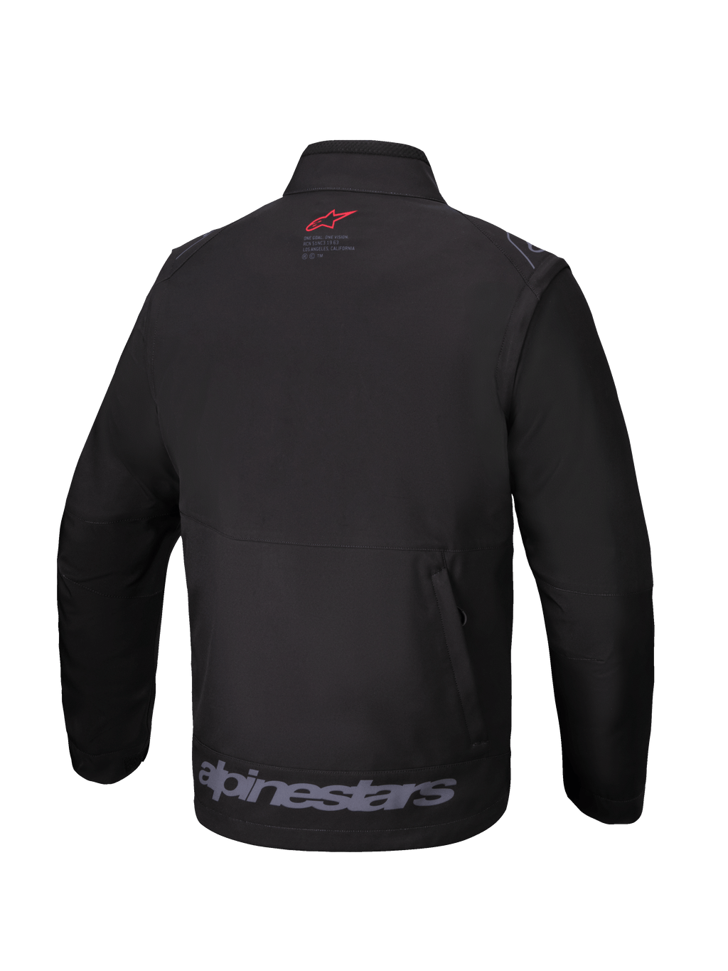 Alpinestars Lite-Dura Softshell Jas, zwart, achteraanzicht, met een klein rood logo in de nek, groot grijs Alpinestars-woordmerk op de onderste zoom en een verticale achterzak met rits, technische off-road kleding voor enduro en motorcross.