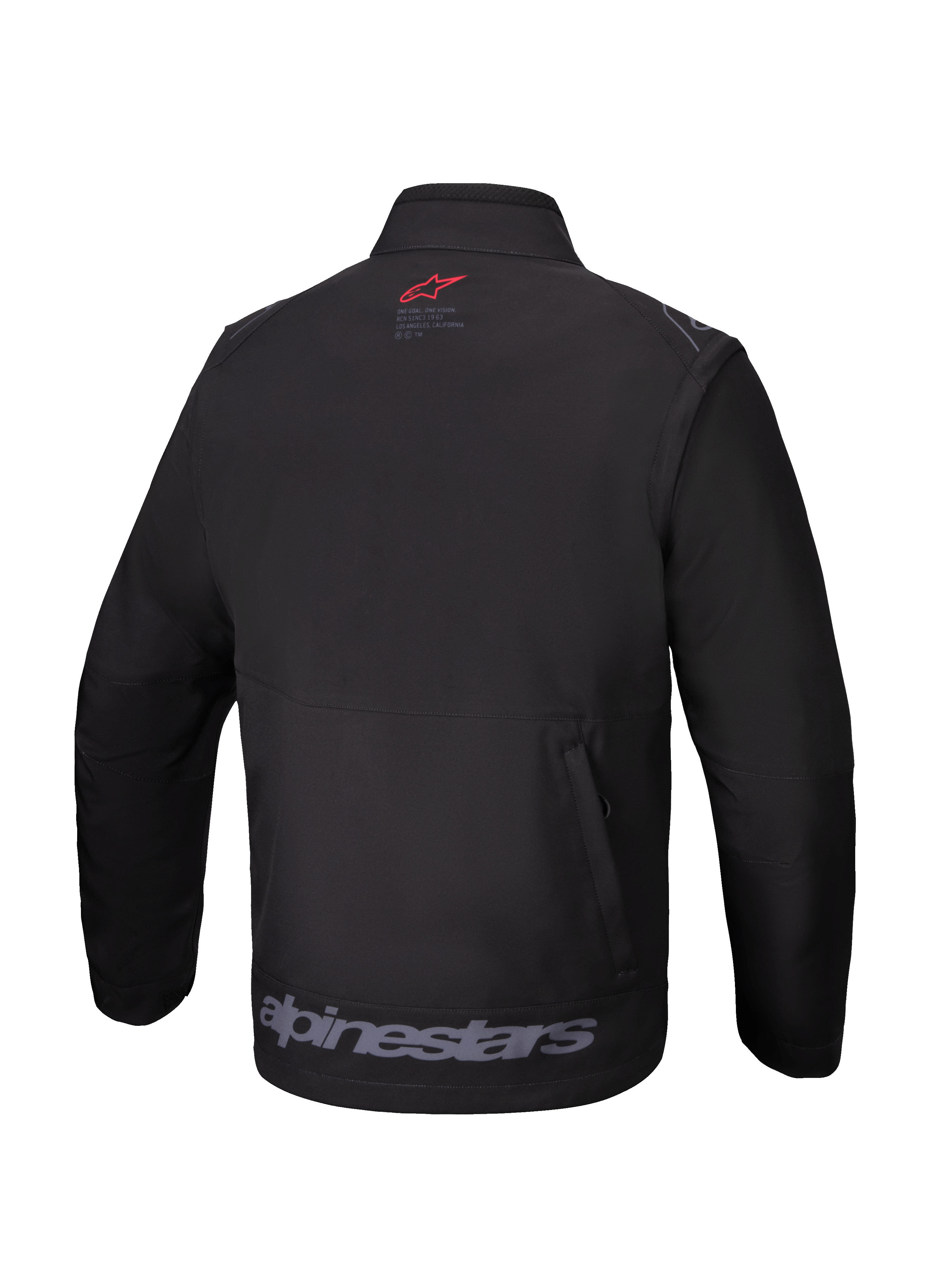 Alpinestars Lite-Dura Softshell Jas, zwart, achteraanzicht, met een klein rood logo in de nek, groot grijs Alpinestars-woordmerk op de onderste zoom en een verticale achterzak met rits, technische off-road kleding voor enduro en motorcross.