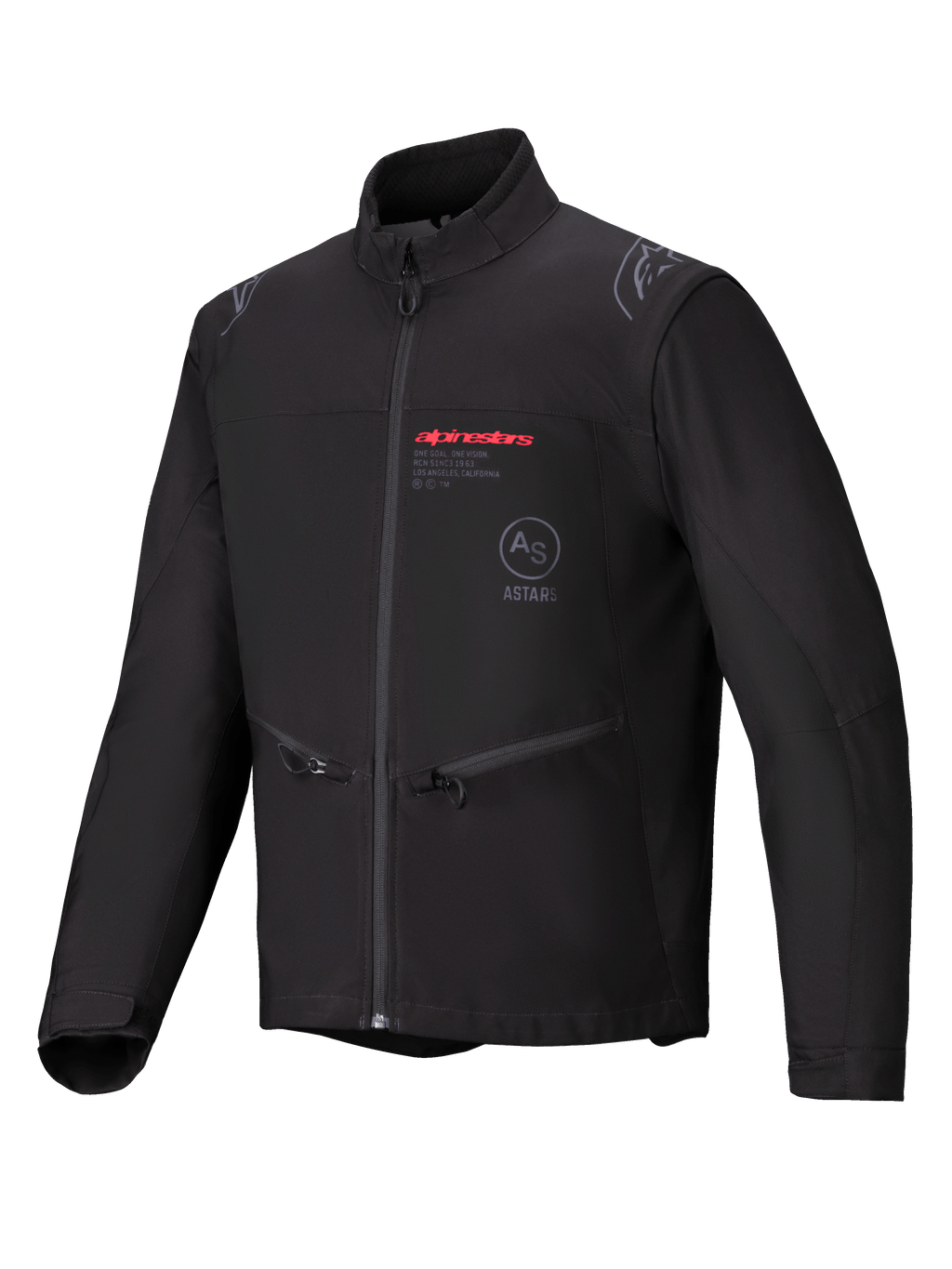 Alpinestars Lite-Dura Softshell Jas, zwart, enduro off-road motorjas, met rode Alpinestars-branding en AS ASTARS-logo op de borst, handzakken met ritssluiting en winddichte softshell-constructie.