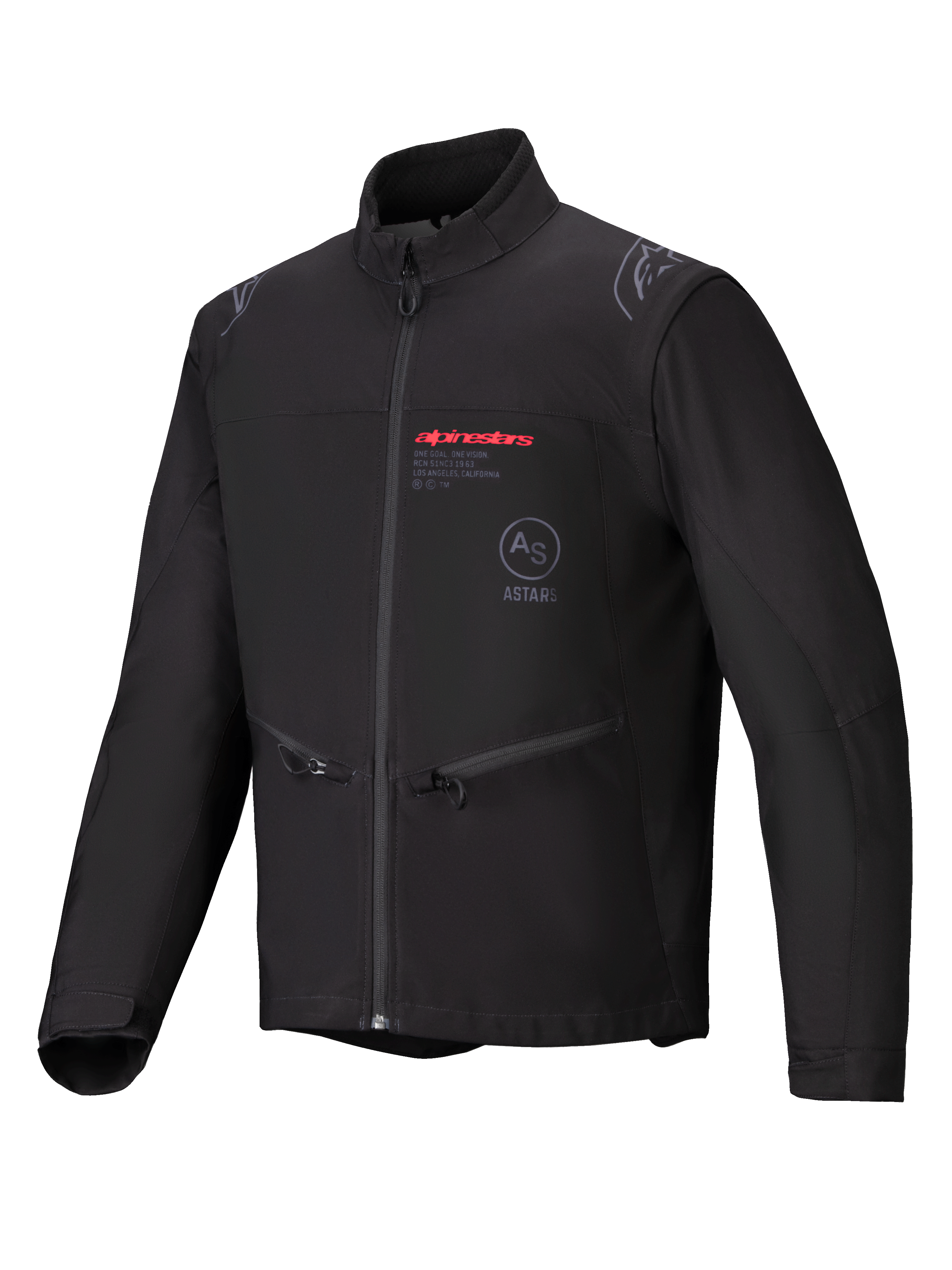 Alpinestars Lite-Dura Softshell Jas, zwart, enduro off-road motorjas, met rode Alpinestars-branding en AS ASTARS-logo op de borst, handzakken met ritssluiting en winddichte softshell-constructie.