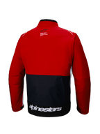 Alpinestars Lite-Dura Softshell Jacket, achteraanzicht, off-road endurojas, zwart en felrood met witte accenten, opvallend wit Alpinestars-woordmerk op de onderrug, kleurgeblokt ontwerp, functionele opbergzak aan de achterkant, modulaire softshell voor motorcross en trailrijden.