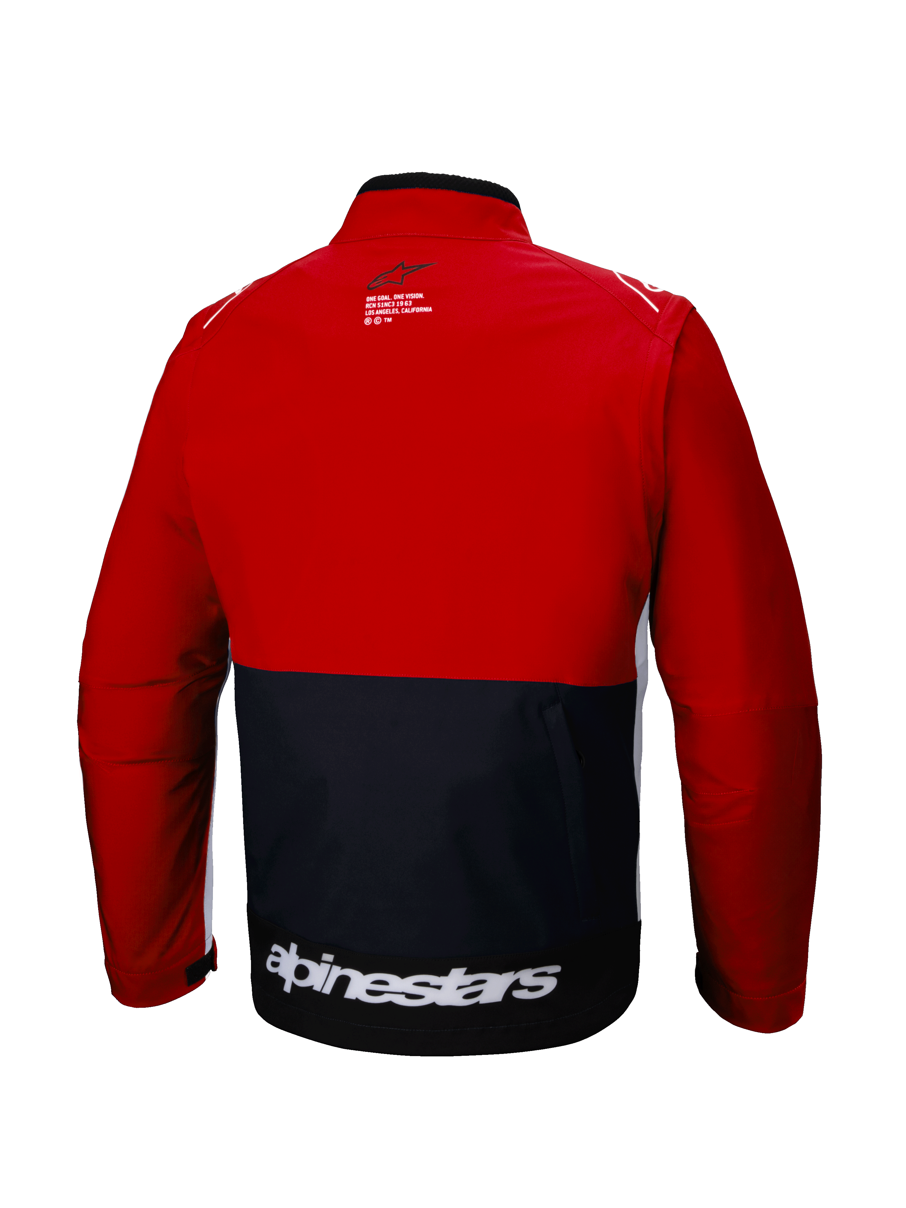Alpinestars Lite-Dura Softshell Jacket, achteraanzicht, off-road endurojas, zwart en felrood met witte accenten, opvallend wit Alpinestars-woordmerk op de onderrug, kleurgeblokt ontwerp, functionele opbergzak aan de achterkant, modulaire softshell voor motorcross en trailrijden.