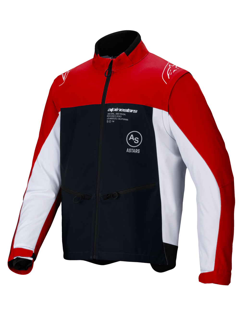 Alpinestars Lite-Dura Softshell Jas, off-road enduro motorjas, zwart met felrood en wit, met een color-block ontwerp, rode schouders en buitenmouwen, witte zijpanelen, zwarte borst met Alpinestars-branding, zakken met ritssluiting en een hoge kraag