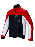 Alpinestars Lite-Dura Softshell Jas, off-road enduro motorjas, zwart met felrood en wit, met een color-block ontwerp, rode schouders en buitenmouwen, witte zijpanelen, zwarte borst met Alpinestars-branding, zakken met ritssluiting en een hoge kraag