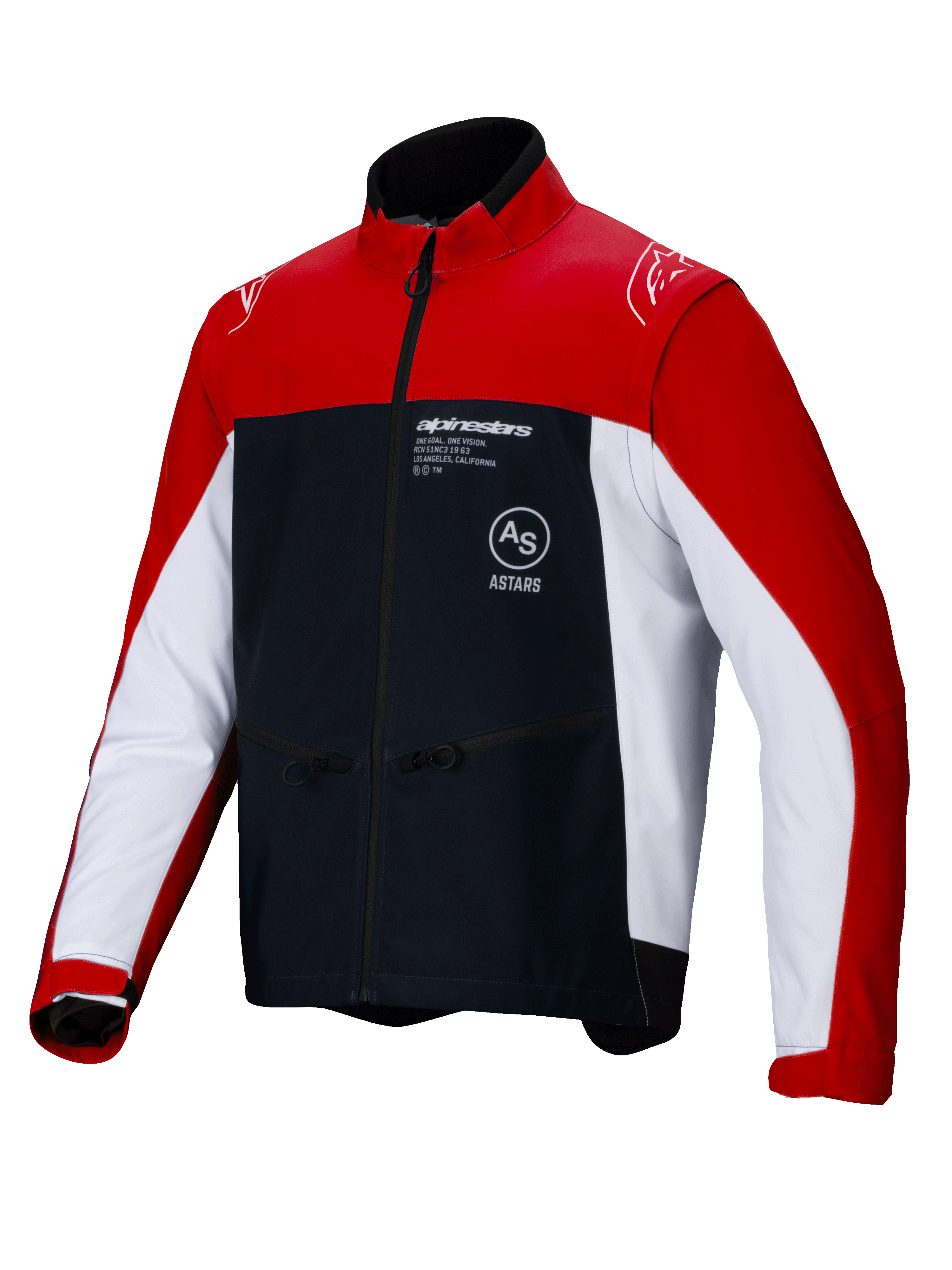 Alpinestars Lite-Dura Softshell Jas, off-road enduro motorjas, zwart met felrood en wit, met een color-block ontwerp, rode schouders en buitenmouwen, witte zijpanelen, zwarte borst met Alpinestars-branding, zakken met ritssluiting en een hoge kraag