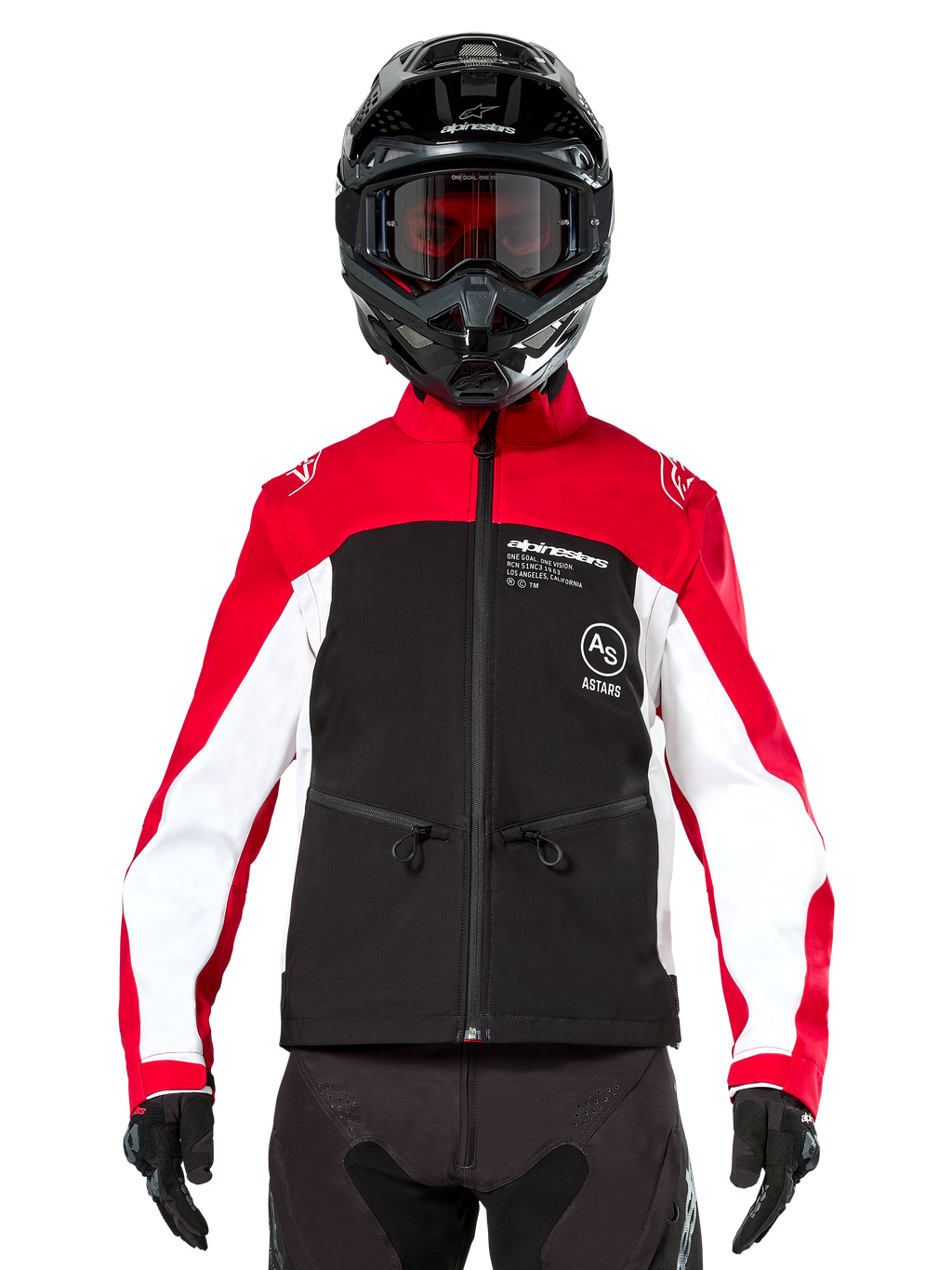 Alpinestars Lite-Dura Softshell Jas in zwart, felrood en wit, gedragen door een motocrosser met een zwarte helm en rood getinte bril, voorzien van witte panelen op de mouwen, Alpinestars-branding op de borst en een sportief off-road ontwerp.