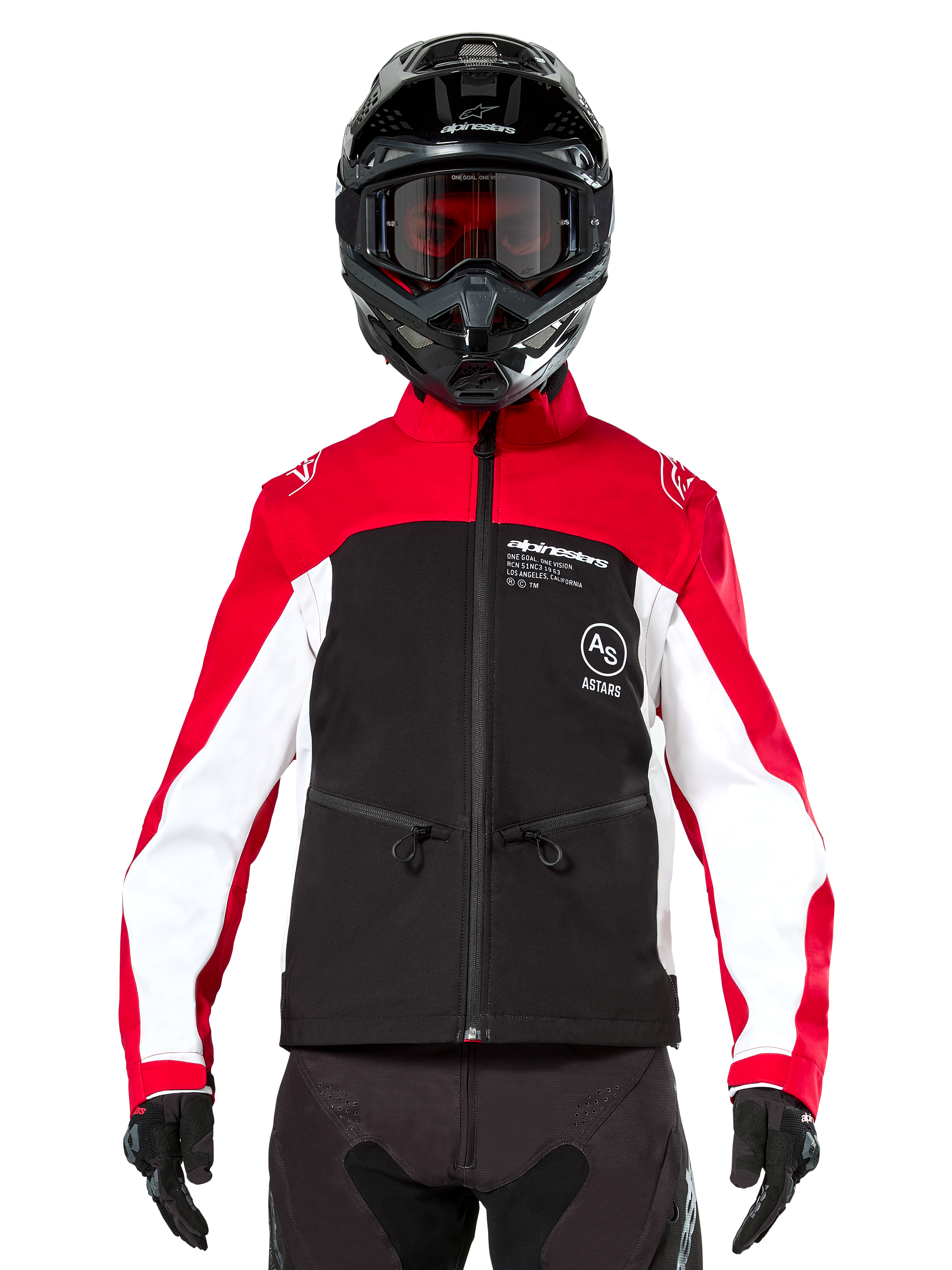 Alpinestars Lite-Dura Softshell Jas in zwart, felrood en wit, gedragen door een motocrosser met een zwarte helm en rood getinte bril, voorzien van witte panelen op de mouwen, Alpinestars-branding op de borst en een sportief off-road ontwerp.