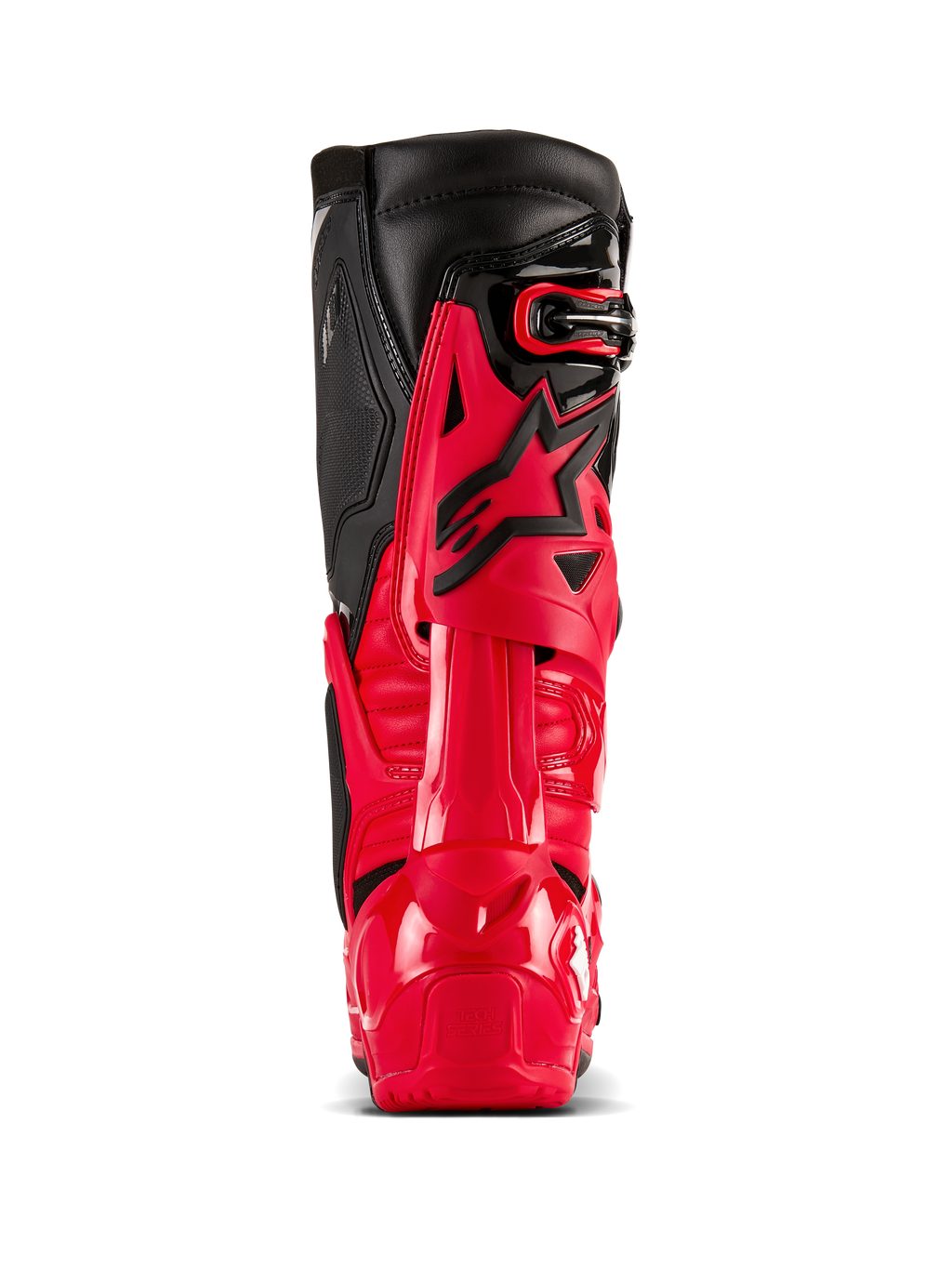 Alpinestars Tech 10 Enduro laarzen, helderrood en zwart, achteraanzicht met Dynamic Heel Compression Protector en flexieframe, professionele off-road motorcrossuitrusting, duurzame TPU-schaal en zwarte lederen bovenpanelen