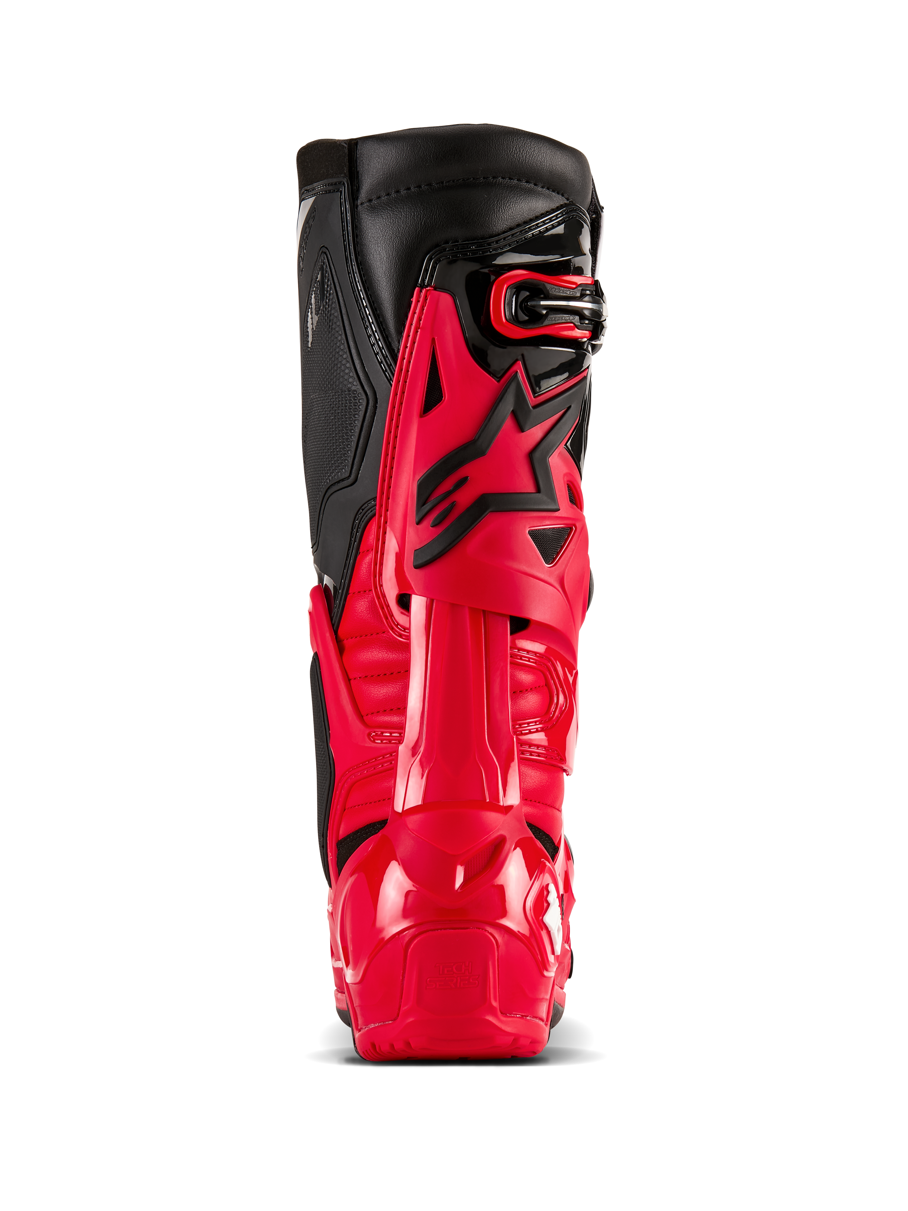 Alpinestars Tech 10 Enduro laarzen, helderrood en zwart, achteraanzicht met Dynamic Heel Compression Protector en flexieframe, professionele off-road motorcrossuitrusting, duurzame TPU-schaal en zwarte lederen bovenpanelen