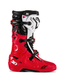 Alpinestars Tech 10 Enduro laarzen, motorcross off-road laarzen, helderrood met zwart en wit, zijaanzicht, drievoudig gespsluitsysteem, robuuste beschermpanelen, gespecialiseerde enduro gripzool, Astars logo-branding