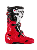 Alpinestars Tech 10 Enduro laarzen, motorcross off-road laarzen, helderrood met zwart en wit, zijaanzicht, drievoudig gespsluitsysteem, robuuste beschermpanelen, gespecialiseerde enduro gripzool, Astars logo-branding