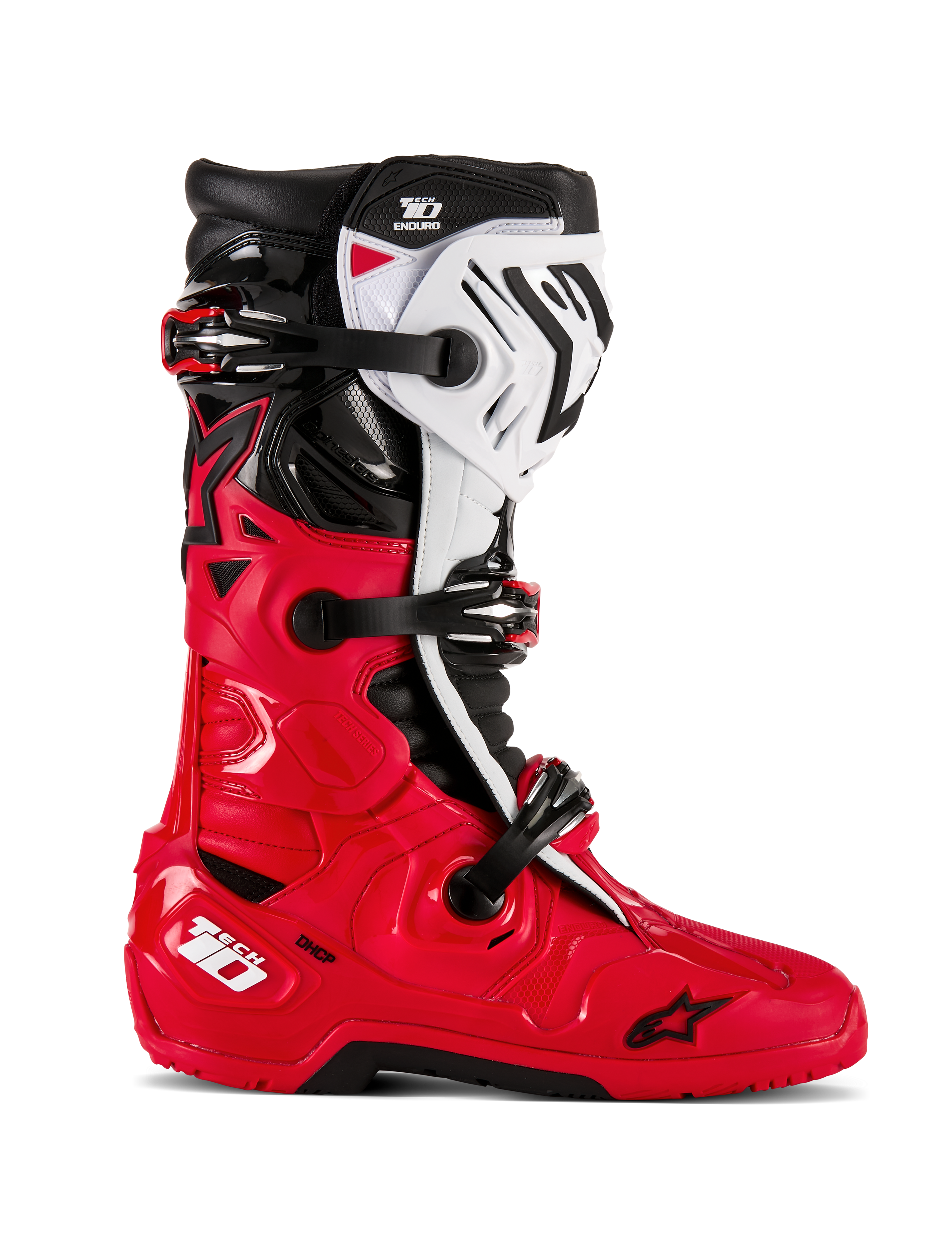 Alpinestars Tech 10 Enduro laarzen, motorcross off-road laarzen, helderrood met zwart en wit, zijaanzicht, drievoudig gespsluitsysteem, robuuste beschermpanelen, gespecialiseerde enduro gripzool, Astars logo-branding