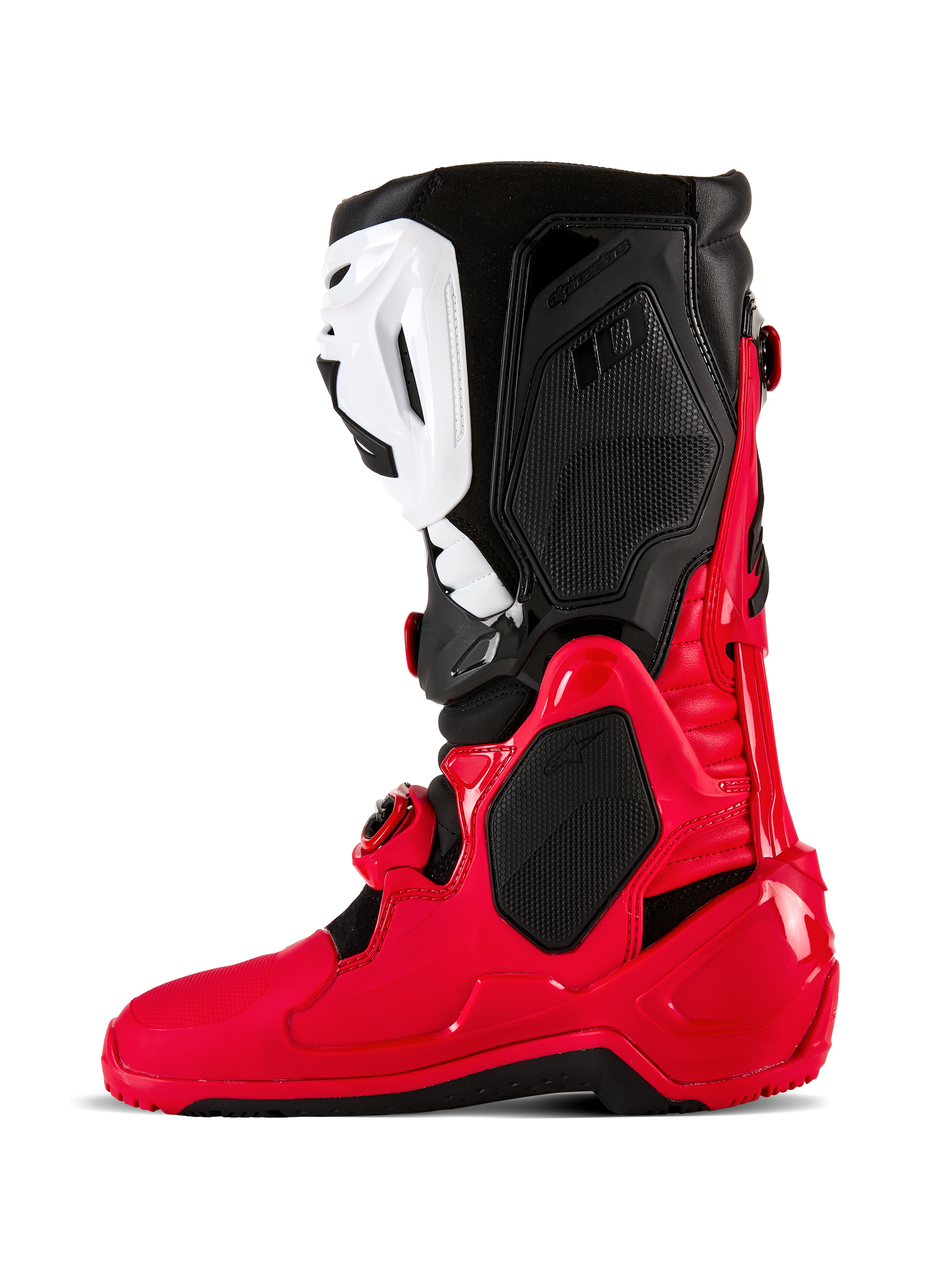 Alpinestars Tech 10 Enduro laarzen, motorcross- en enduro-laarzen, felrood, zwart en wit, zijprofiel met een duurzame TPU-schaal, witte scheenplaat en zwarte bovenpanelen, ontworpen voor off-road prestaties