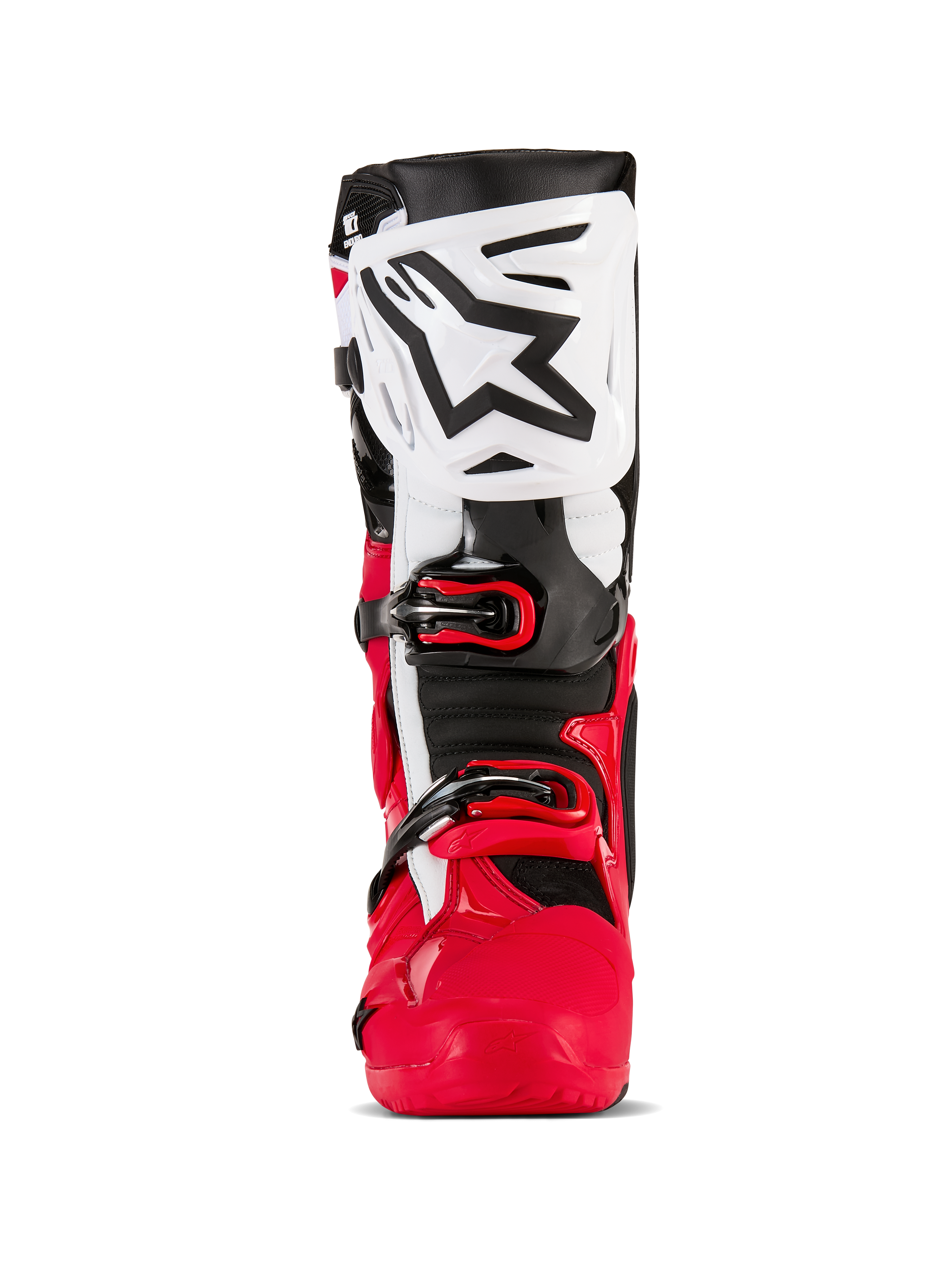 Alpinestars Tech 10 Enduro laarzen, motorcross- en enduro-laarzen, felrood, zwart en wit, vooraanzicht met een witte scheenplaat met een zwart Alpinestars-logo, rood onderste chassis en een veilig gespsluitingssysteem, hoogwaardige beschermende uitrusting voor off-road rijden