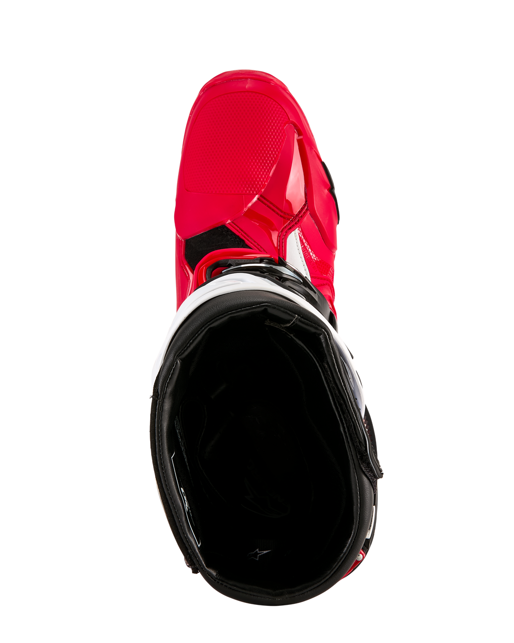 Alpinestars Tech 10 Enduro laarzen, motorcrosslaarzen, felrood zwart wit, bovenaanzicht kijkend in de zwarte binnenvoering, felrode buitenschaal met witte accenten, beschermend schoeisel voor off-road racing