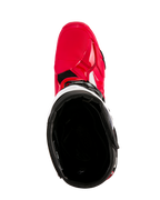 Alpinestars Tech 10 Enduro laarzen, motorcrosslaarzen, felrood zwart wit, bovenaanzicht kijkend in de zwarte binnenvoering, felrode buitenschaal met witte accenten, beschermend schoeisel voor off-road racing