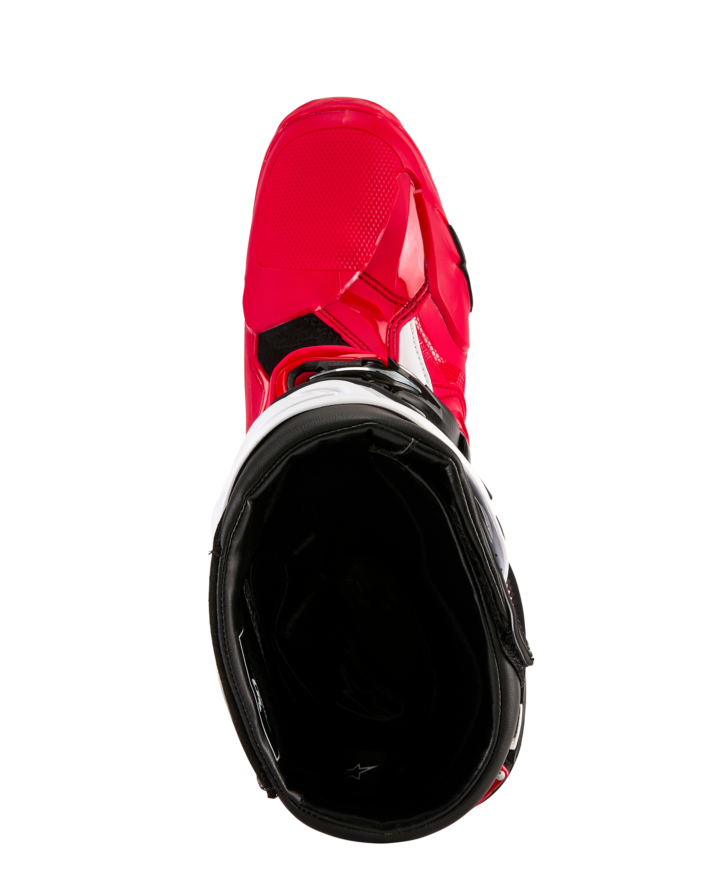 Alpinestars Tech 10 Enduro laarzen, motorcrosslaarzen, felrood zwart wit, bovenaanzicht kijkend in de zwarte binnenvoering, felrode buitenschaal met witte accenten, beschermend schoeisel voor off-road racing