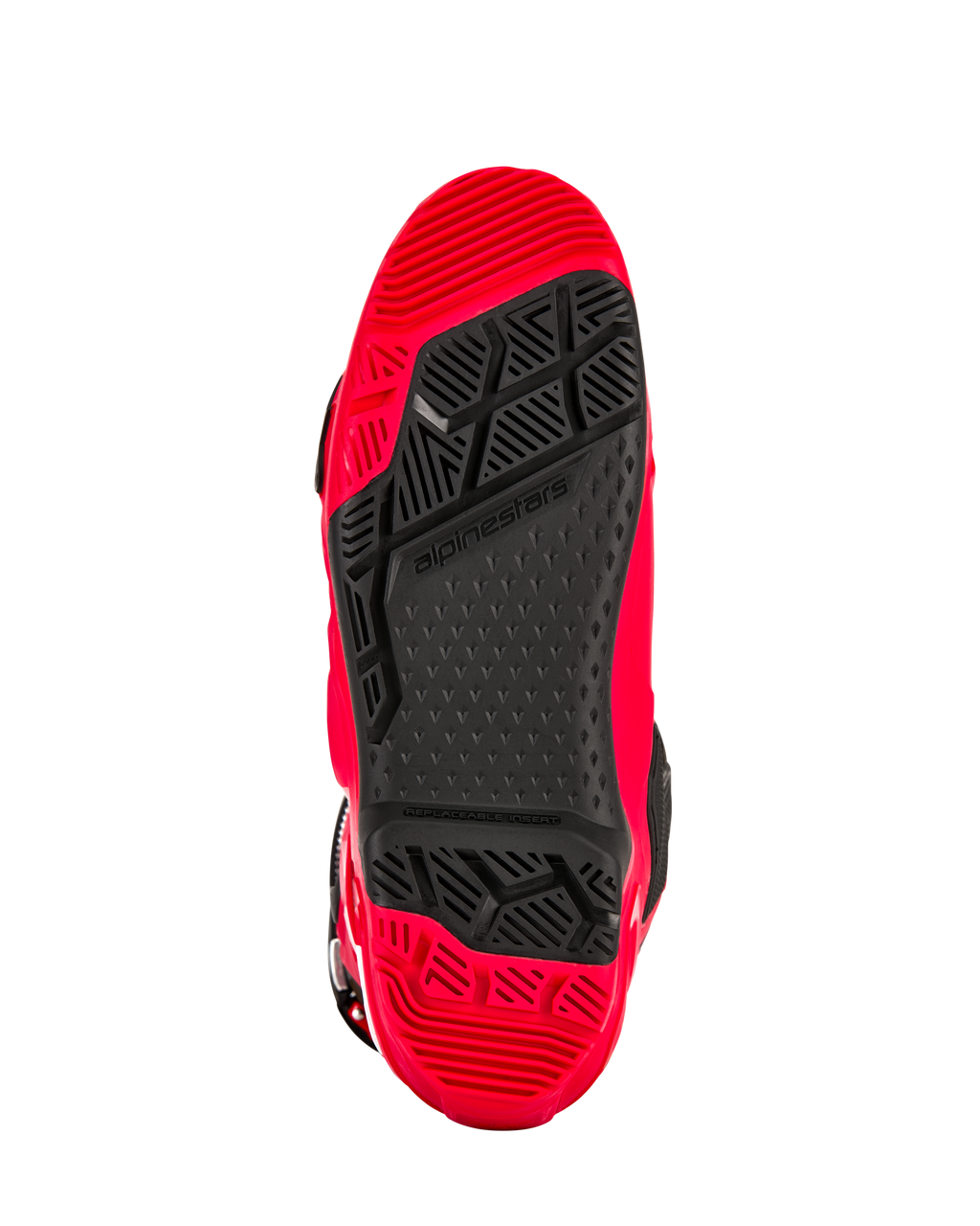 Alpinestars Tech 10 Enduro laarzen, felrood en zwart, onderaanzicht van de enduro-spec dual compound zool, voorzien van een profiel met hoge grip en een zwart vervangbaar centraal inzetstuk.