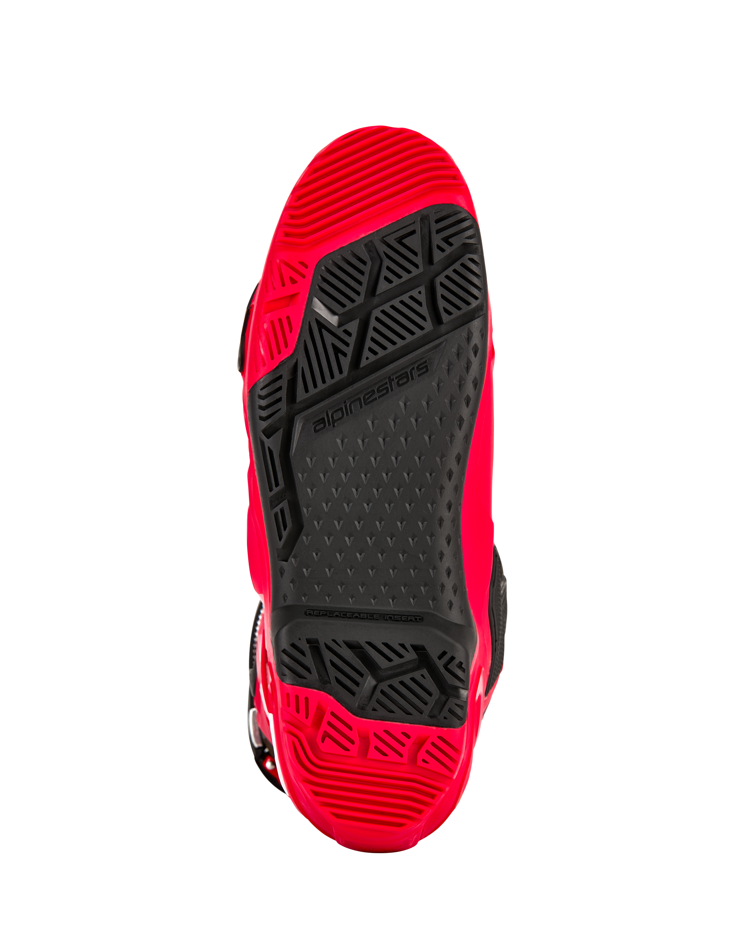 Alpinestars Tech 10 Enduro laarzen, felrood en zwart, onderaanzicht van de enduro-spec dual compound zool, voorzien van een profiel met hoge grip en een zwart vervangbaar centraal inzetstuk.