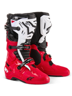 Alpinestars Tech 10 Enduro laarzen, motorcross- en enduro-laarzen, felrood, zwart en wit, witte scheenplaten met zwart Astars-logo, zwarte gespen en riemen, duurzaam ontwerp voor off-road racen