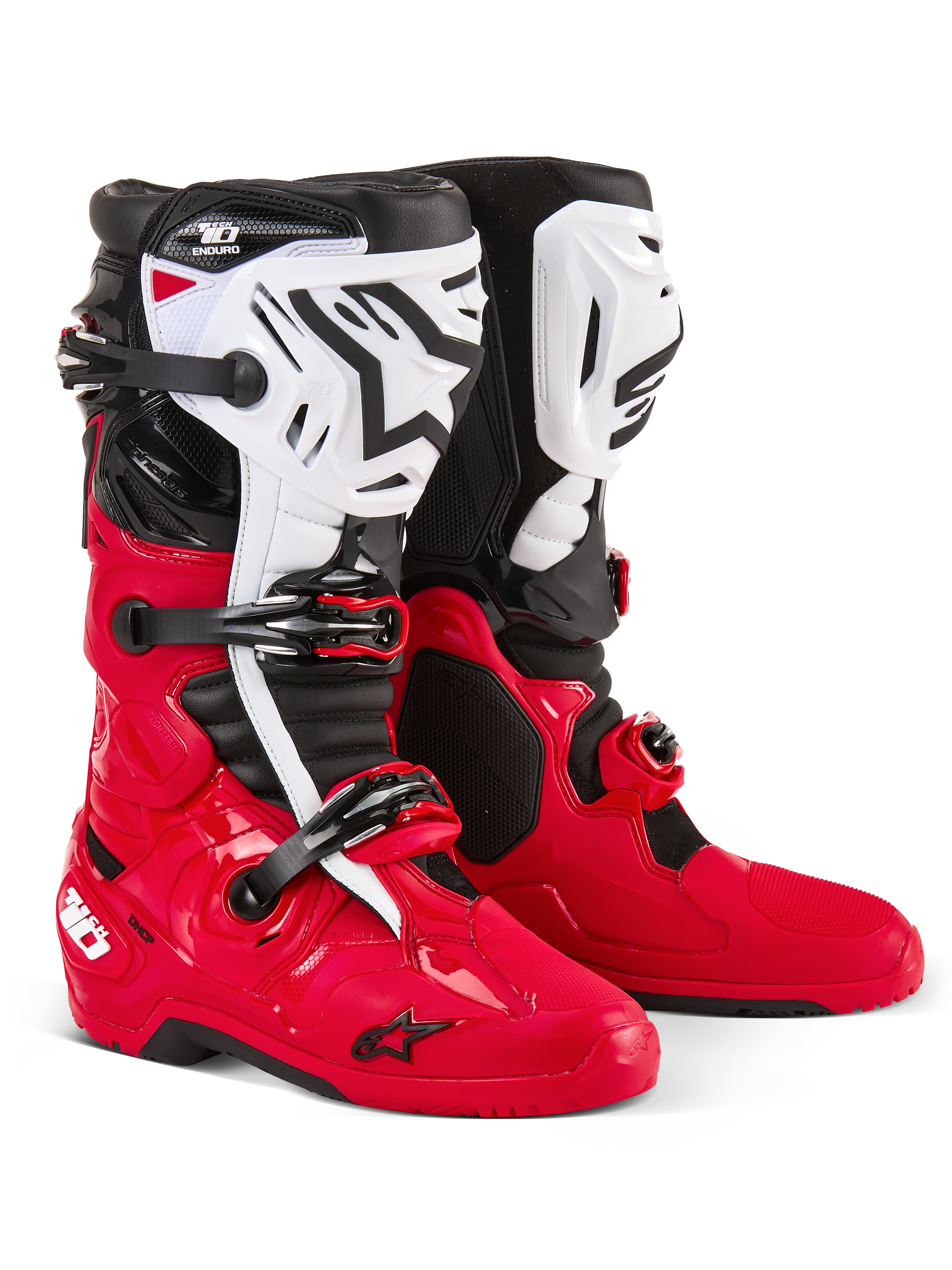 Alpinestars Tech 10 Enduro laarzen, motorcross- en enduro-laarzen, felrood, zwart en wit, witte scheenplaten met zwart Astars-logo, zwarte gespen en riemen, duurzaam ontwerp voor off-road racen