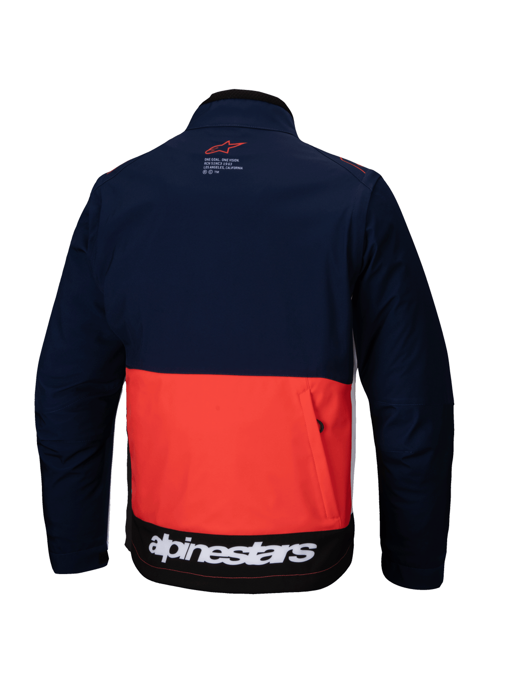 Alpinestars Lite-Dura Softshell Jas in donkerblauw, fel oranje en wit, achteraanzicht met kleurvlakken, grote achterzak met rits en witte Alpinestars-branding op de onderste zoom