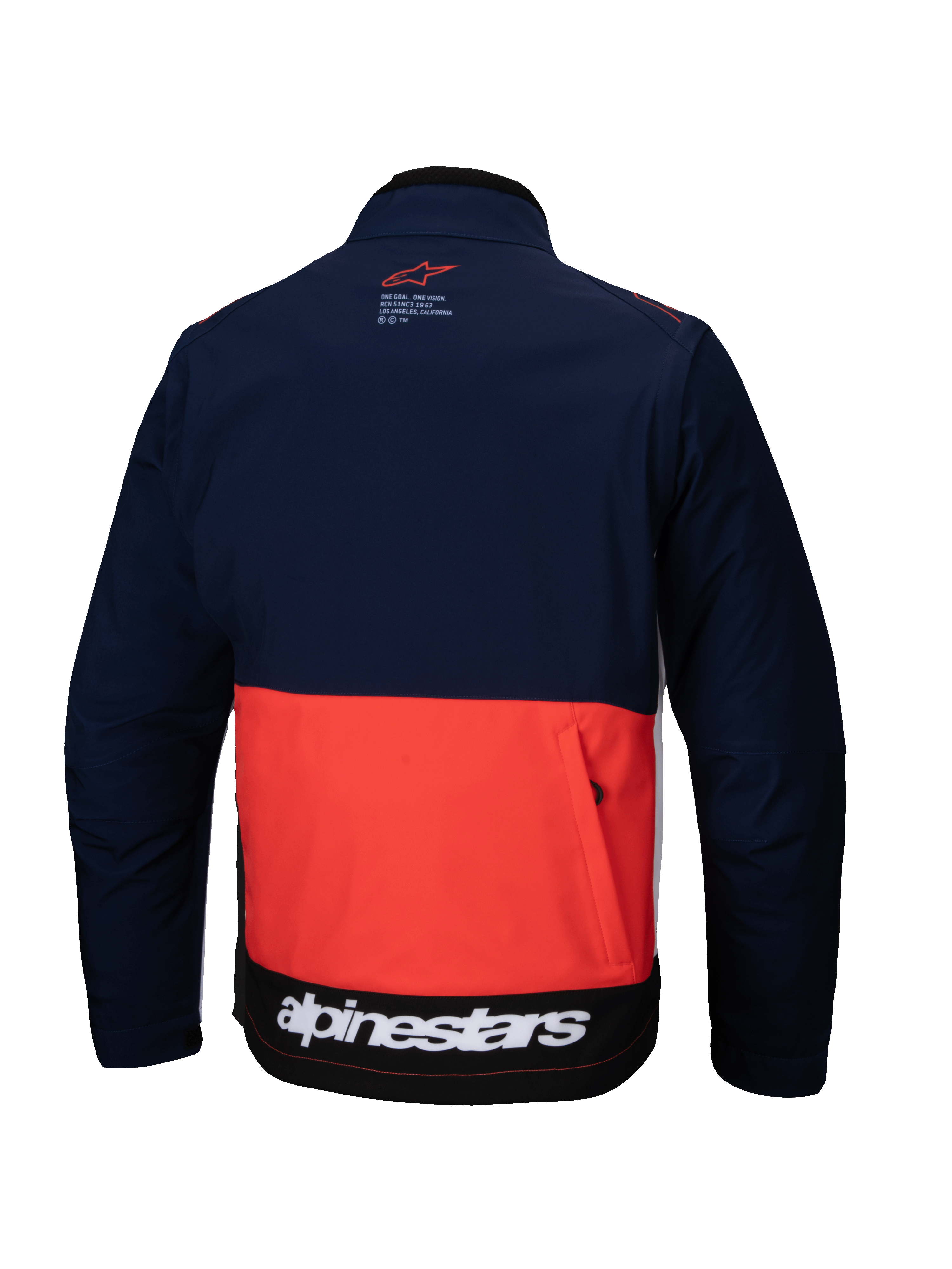 Alpinestars Lite-Dura Softshell Jas in donkerblauw, fel oranje en wit, achteraanzicht met kleurvlakken, grote achterzak met rits en witte Alpinestars-branding op de onderste zoom