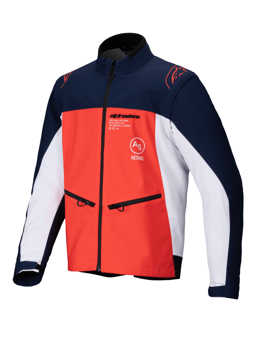 Alpinestars Lite-Dura Softshell Jas, marineblauw, fel oranje en wit, vooraanzicht van een technische off-road jas met handzakken met ritssluiting, logo's op de borst en duurzaam stretchmateriaal voor enduro rijden