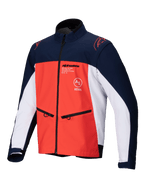 Alpinestars Lite-Dura Softshell Jas, marineblauw, fel oranje en wit, vooraanzicht van een technische off-road jas met handzakken met ritssluiting, logo's op de borst en duurzaam stretchmateriaal voor enduro rijden