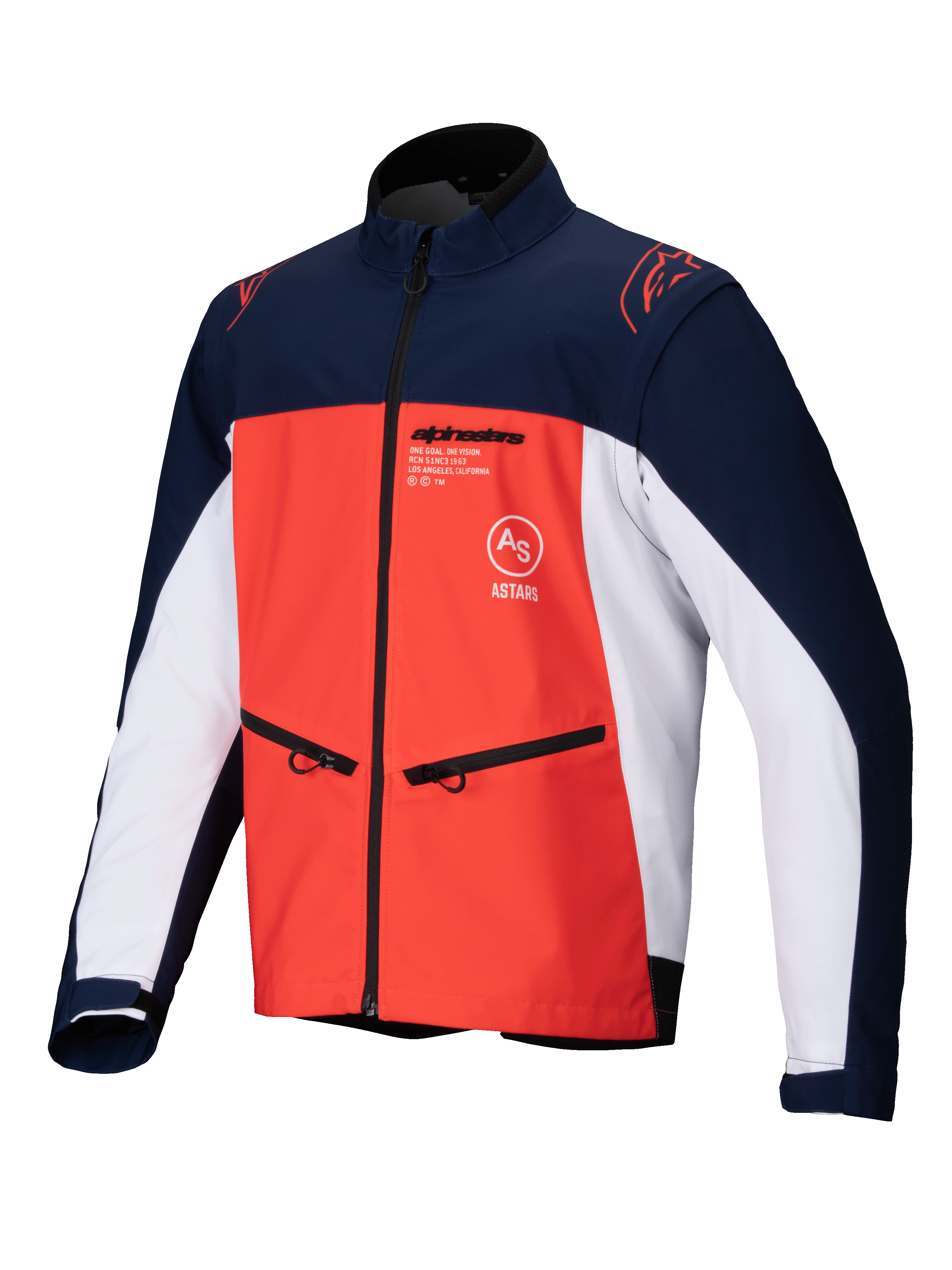 Alpinestars Lite-Dura Softshell Jas, marineblauw, fel oranje en wit, vooraanzicht van een technische off-road jas met handzakken met ritssluiting, logo's op de borst en duurzaam stretchmateriaal voor enduro rijden