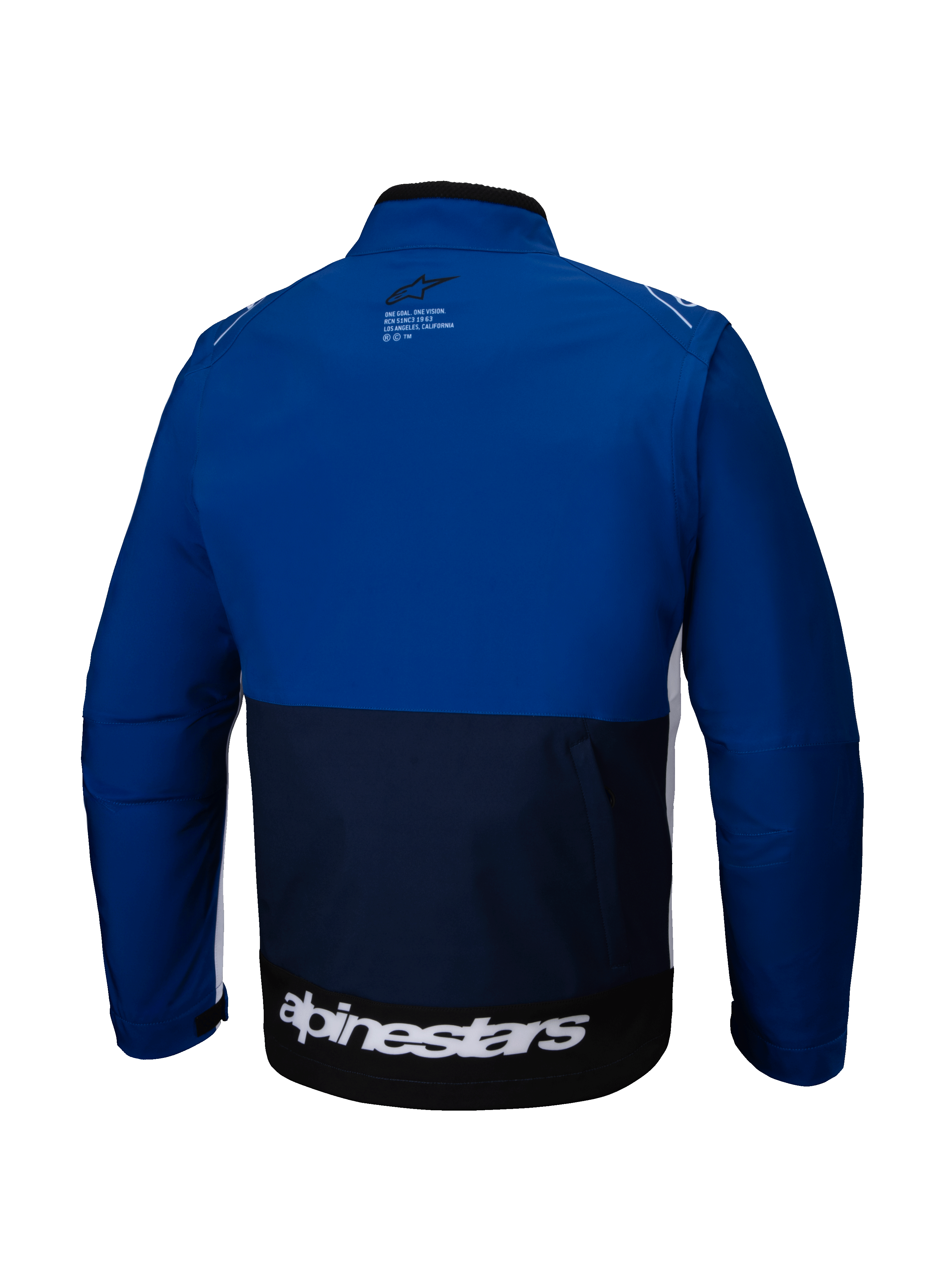 Alpinestars Lite-Dura Softshell Jas, achteraanzicht, navy, felblauw en wit, off-road motorjas met color-block ontwerp, groot wit logo op de onderste zoom aan de achterzijde en een klein logo op de bovenrug.