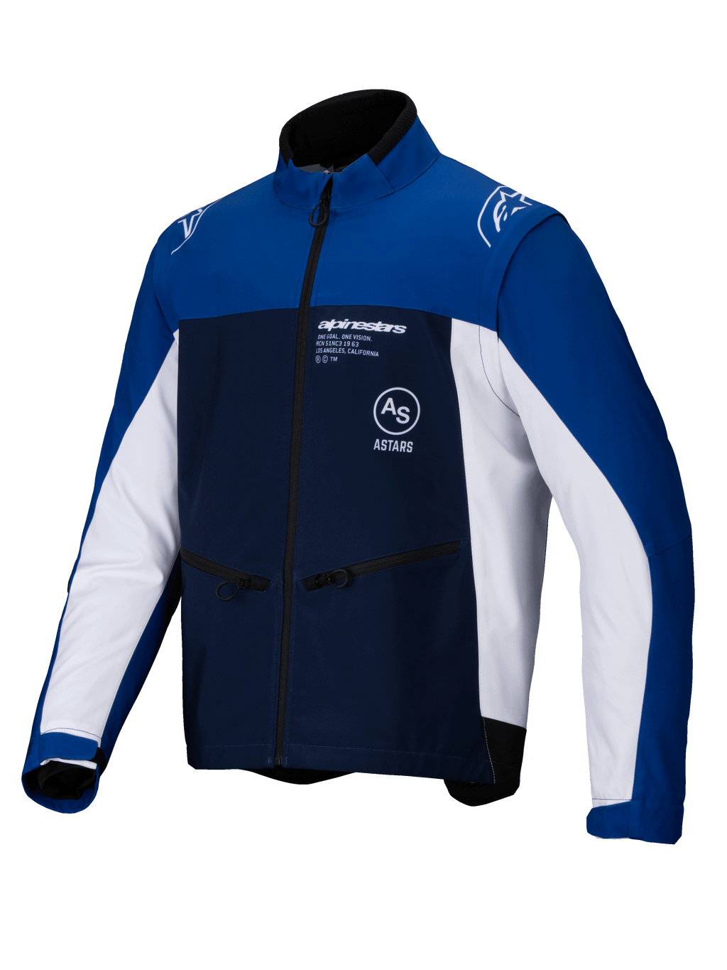 Alpinestars Lite-Dura Softshell Jas, off-road motorjas, navy, felblauw en wit, volledige ritssluiting aan de voorzijde en steekzakken met rits, Alpinestars-branding op de borst en schouders, duurzaam softshell-materiaal voor enduro-rijden