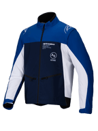 Alpinestars Lite-Dura Softshell Jas, off-road motorjas, navy, felblauw en wit, volledige ritssluiting aan de voorzijde en steekzakken met rits, Alpinestars-branding op de borst en schouders, duurzaam softshell-materiaal voor enduro-rijden