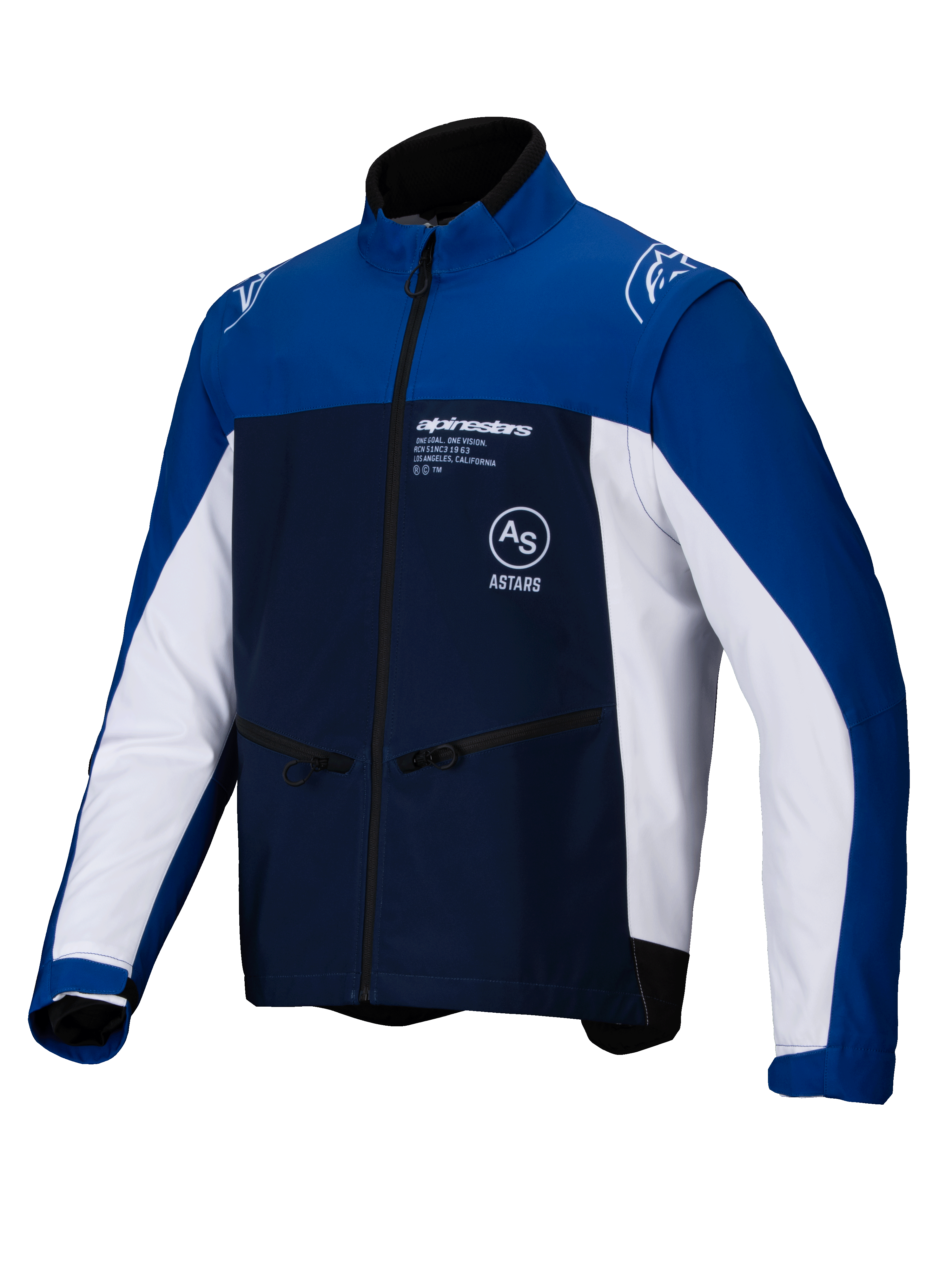 Alpinestars Lite-Dura Softshell Jas, off-road motorjas, navy, felblauw en wit, volledige ritssluiting aan de voorzijde en steekzakken met rits, Alpinestars-branding op de borst en schouders, duurzaam softshell-materiaal voor enduro-rijden
