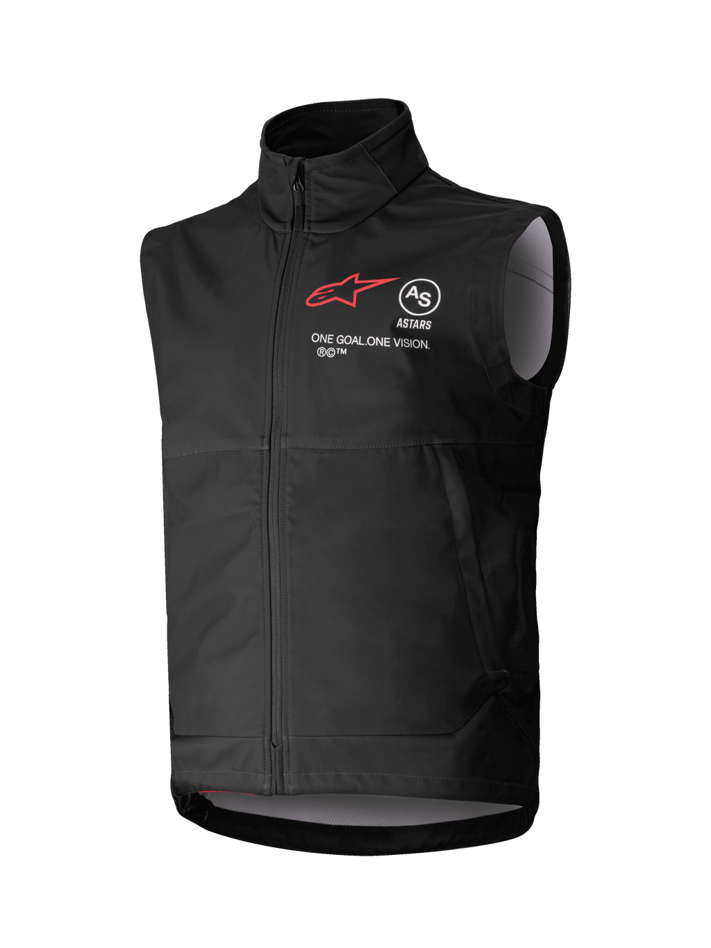Alpinestars Techstar Softshell Vest, zwart mouwloos motorcrossvest, hoge kraag met rits aan de voorzijde, voorzien van een rood sterlogo met "ASTARS" en "ONE GOAL. ONE VISION." branding op de borst, lichtgewicht winddichte softshell-stof met lichtgrijze binnenvoering, ontworpen voor off-road rijden