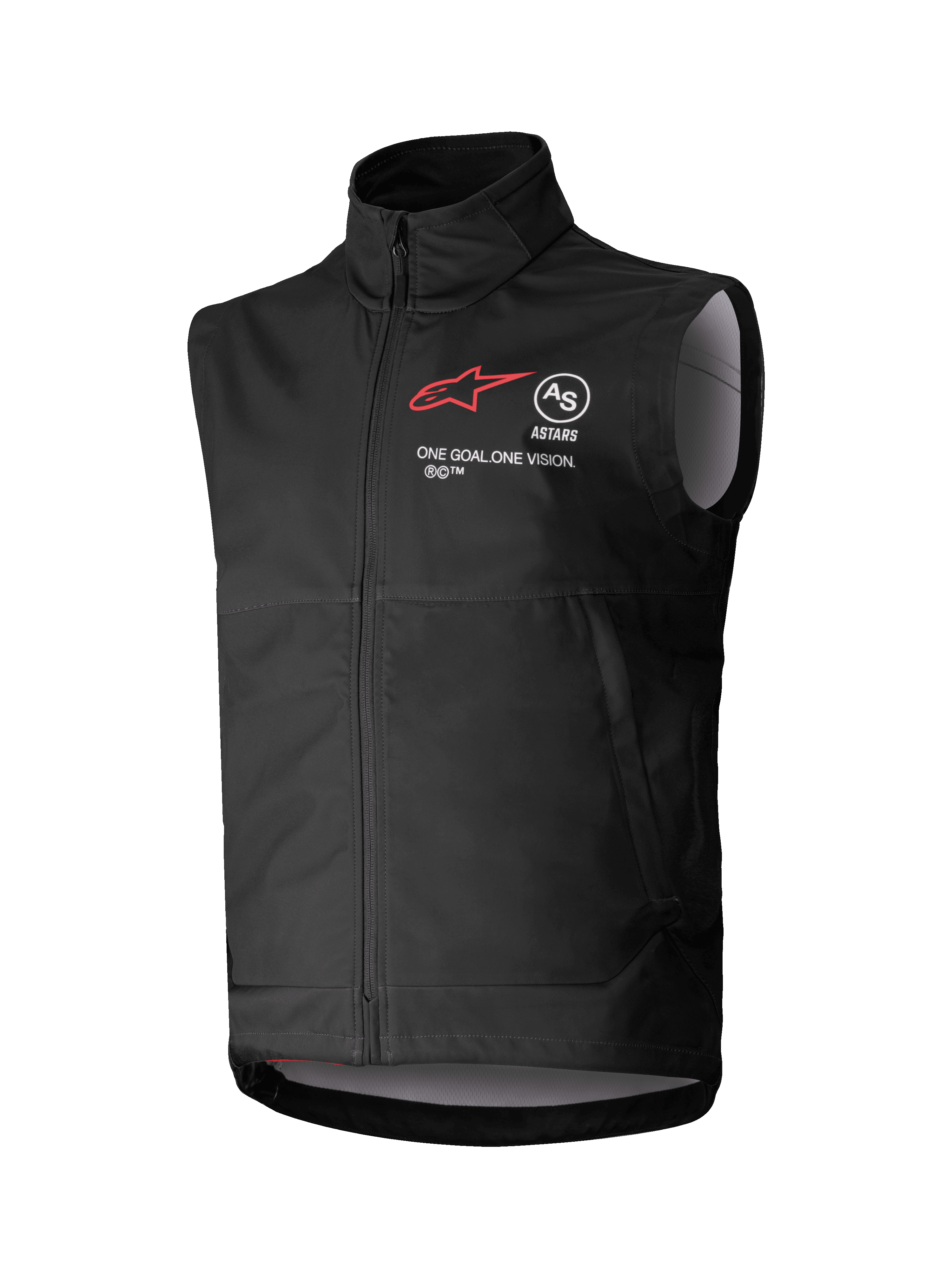 Alpinestars Techstar Softshell Vest, Black Sleeveless Motocross Vest, high collar with front zipper, featuring red star logo with "ASTARS" and "ONE GOAL. ONE VISION." chest branding, lightweight windproof softshell fabric with light gray interior lining, designed for off-road riding