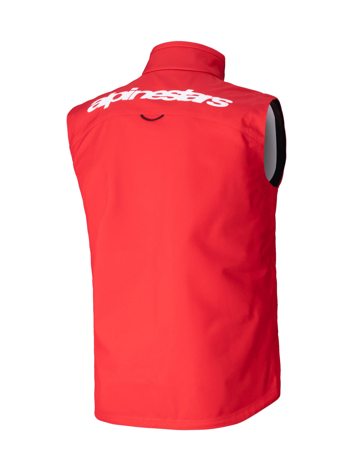Alpinestars Techstar Softshell Vest, motorcross vest, felrood, achteraanzicht met wit Alpinestars-woordmerk op de bovenrug, winddicht stretch softshell-materiaal, ergonomisch mouwloos ontwerp voor off-road rijden